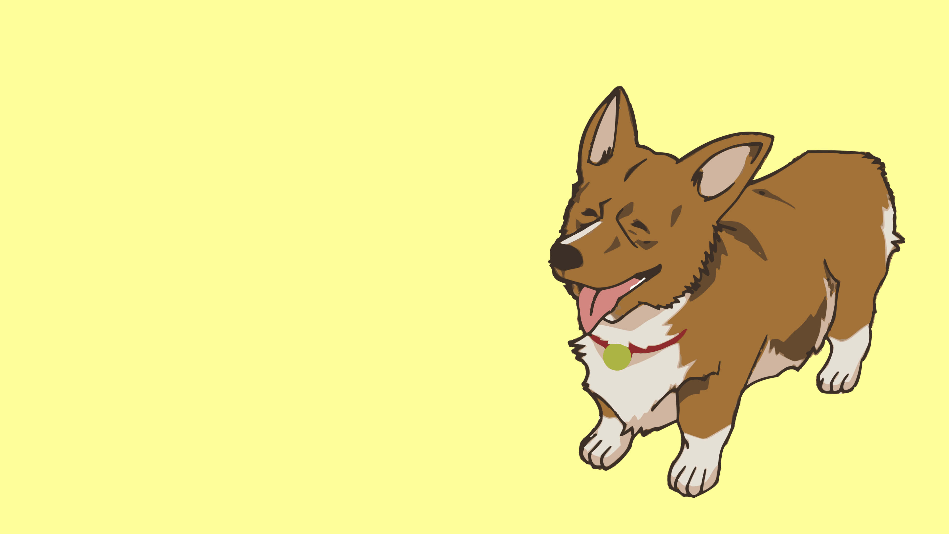 動漫狗 桌布 壁紙 — 一隻快樂的棕白相間柯基犬，戴著紅色項圈和綠色標籤，開心地面對純黃色背景站立。