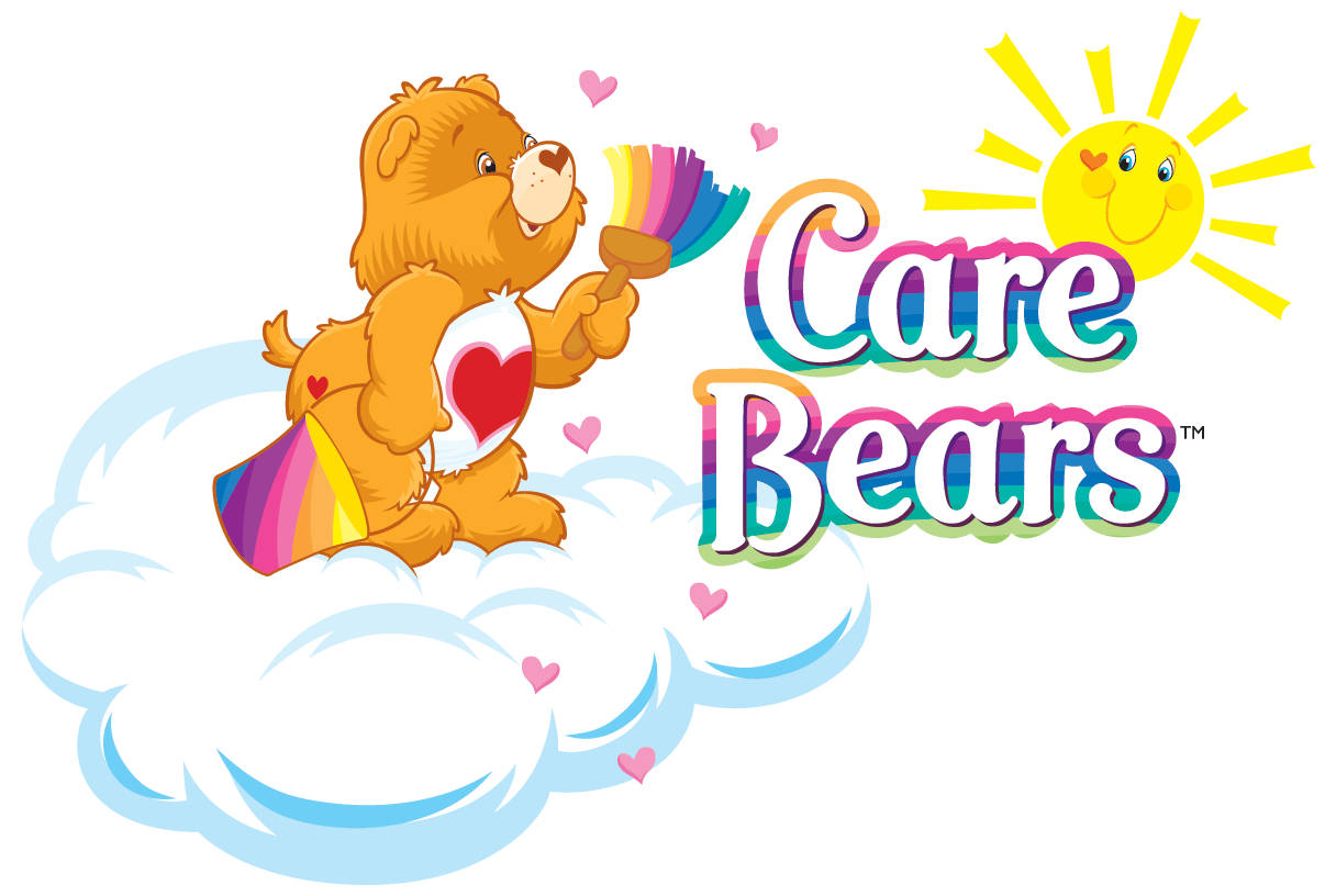 彩虹熊 桌布 壁紙 — 一隻快樂的橙色Care Bear，有彩虹尾巴，坐在雲上吹出彩虹泡泡，上方有微笑的太陽照耀。