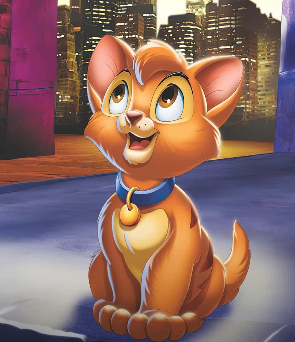 oliver and company 桌布 壁紙 — 一隻快樂的橙色卡通小貓，大眼睛，坐在屋頂上，背景是黃昏時發光的城市天際線。