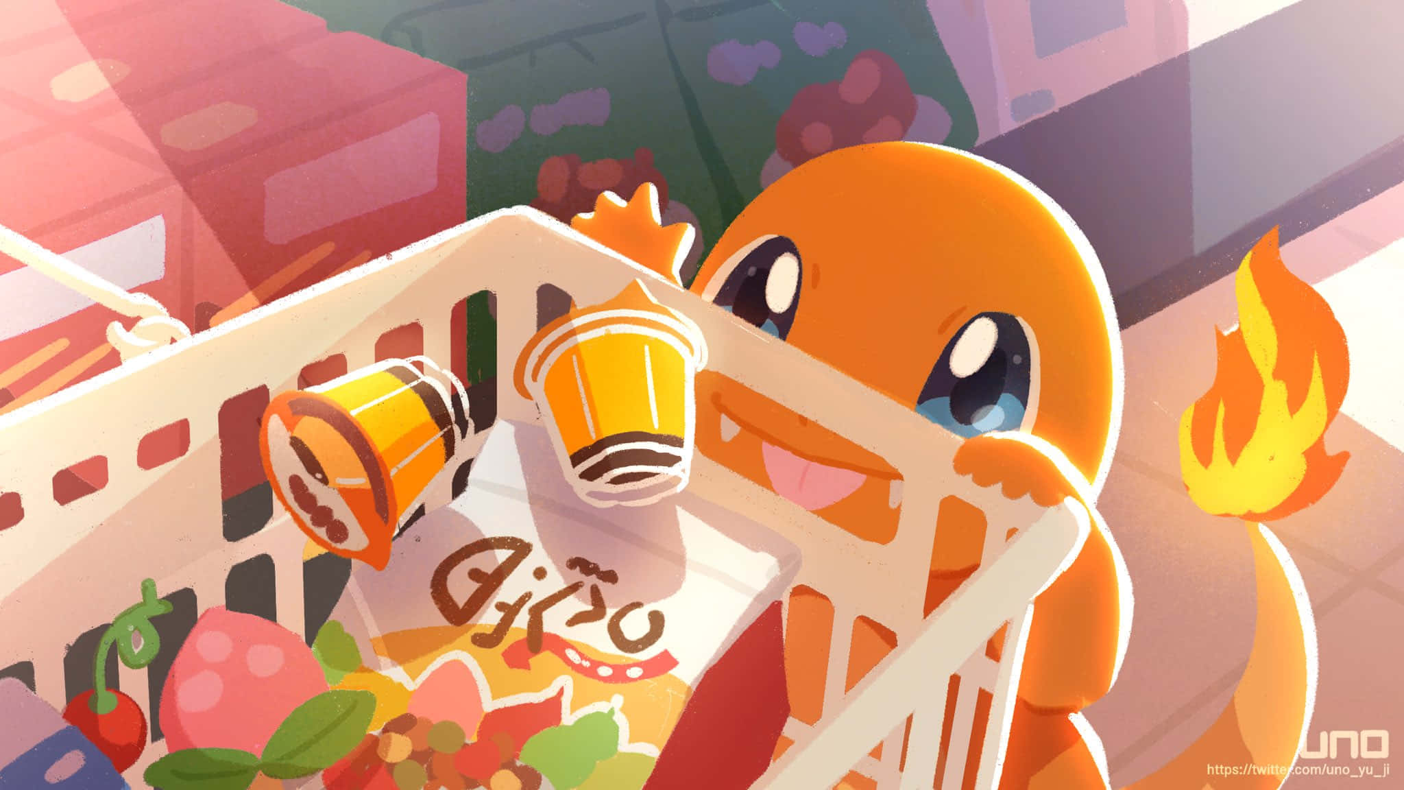 Cute Charmander 桌布 壁紙 — 一隻快樂的橙色寶可夢，尾巴帶有火焰，推著裝滿色彩繽紛雜貨的購物車，場景充滿活力，風格動畫。