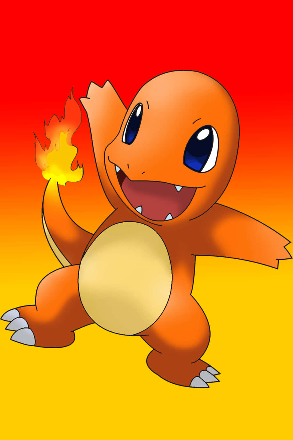 Cute Charmander 桌布 壁紙 — 一隻快樂的橙色小火龍，尾巴上有火焰，在火紅和黃色漸變背景上微笑揮手。
