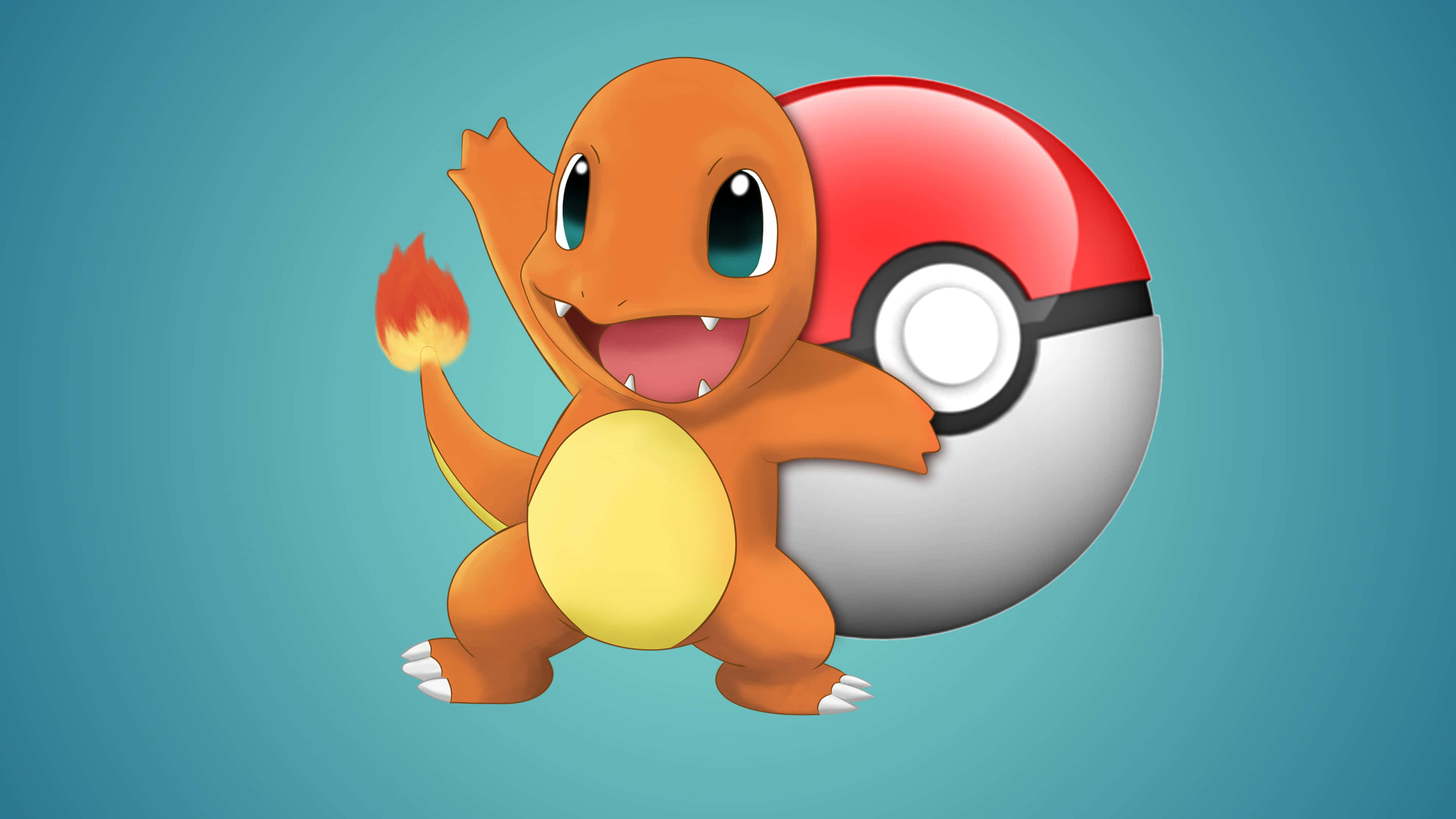 Pokemon Posters 桌布 壁紙 — 一隻快樂的橙色小火龍，尾巴帶有火焰，站在紅白色的寶可夢球旁邊，背景是青綠色。