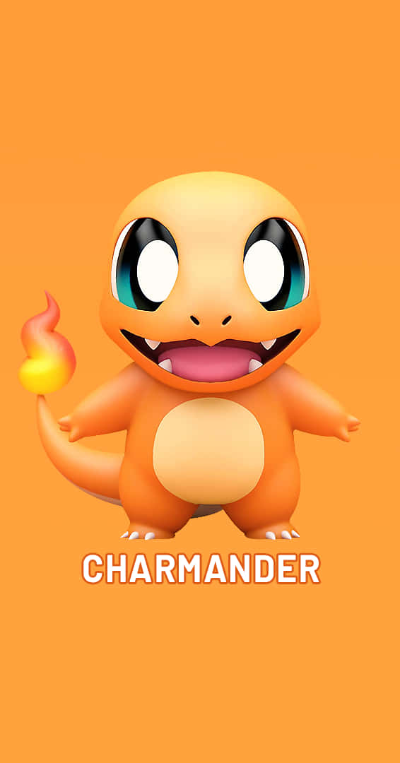 Cute Charmander 桌布 壁紙 — 一隻快樂的橙色小火龍，尾巴有火焰，在純橙色背景上燦爛地微笑。