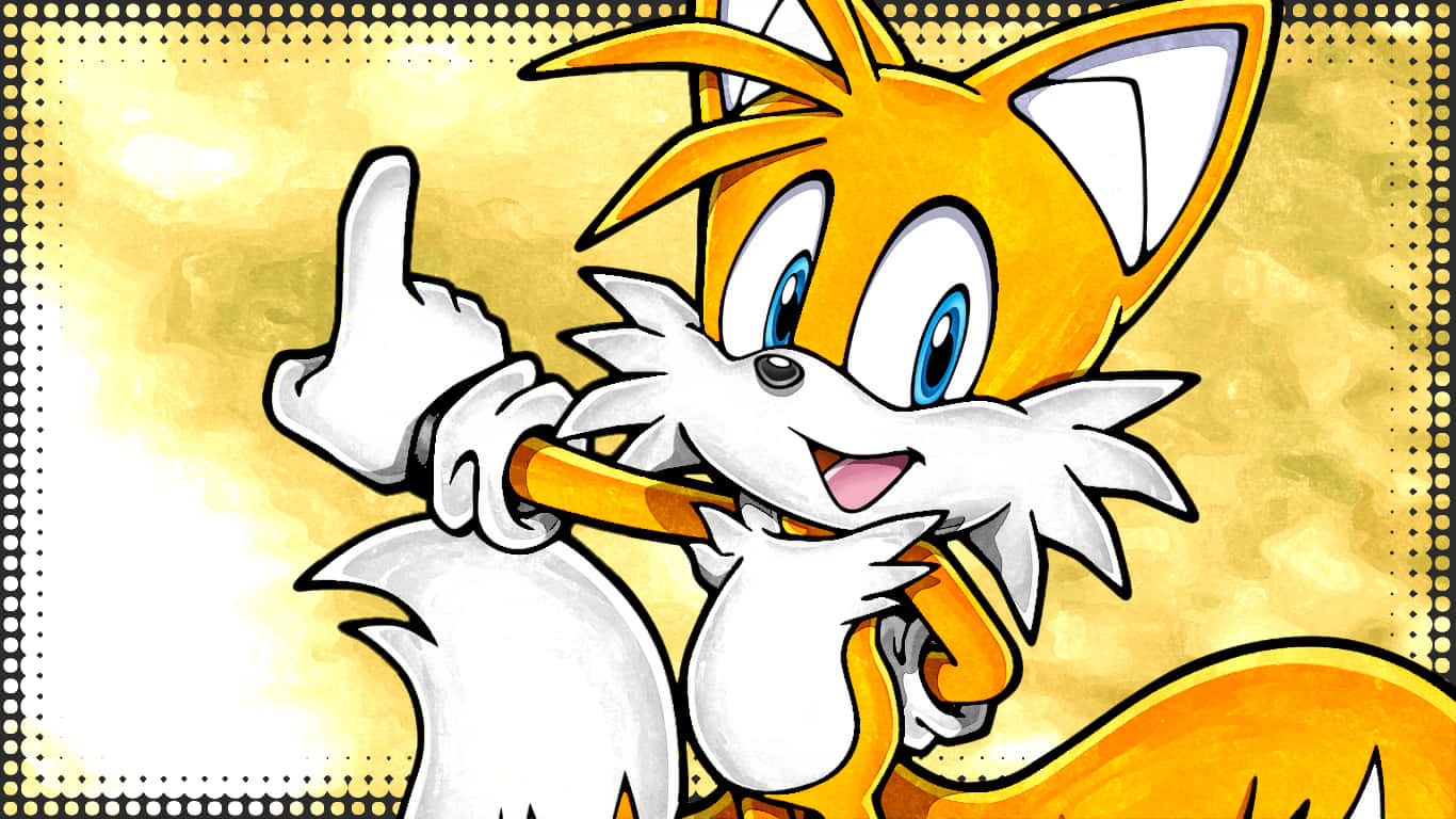 Tails 桌布 壁紙 — 一隻快樂的橙色狐狸，白色皮毛和藍色眼睛，在紋理金色背景上豎起大拇指。