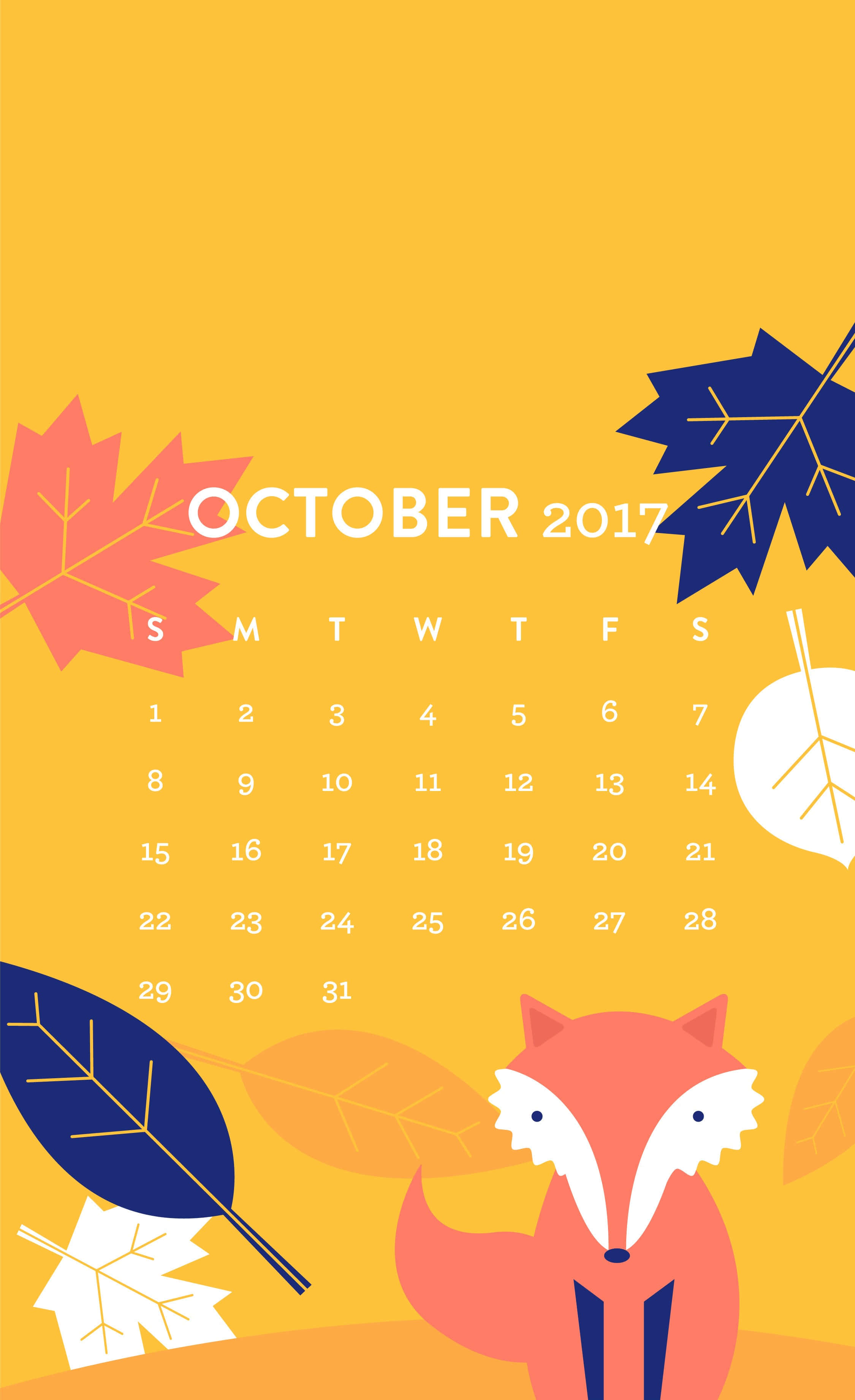 Fall Leaves iPhone 桌布 壁紙 — 一隻快樂的橙色狐狸坐在色彩繽紛的秋葉下，在明亮的黃色2017年10月日曆上。