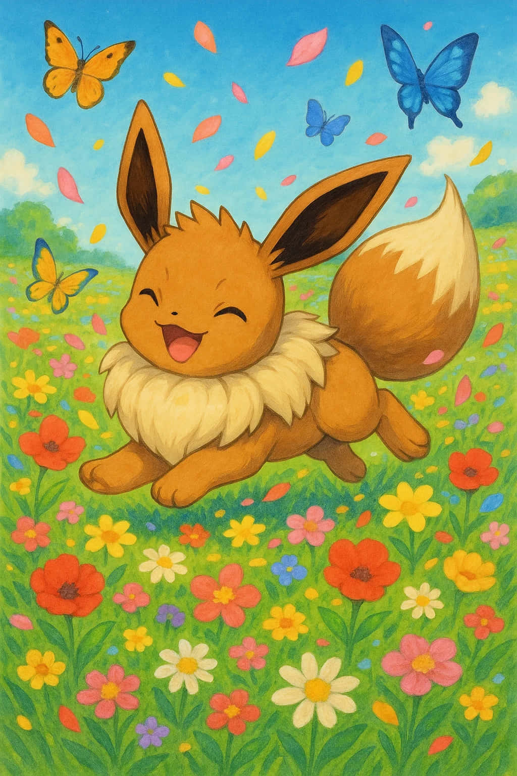 Eevee Wallpaper Pokemon 4K WEBP HD Download 壁紙 — 一隻快樂的橙色狐狸狀生物，有著蓬鬆的白色領子，跳過充滿色彩繽紛花朵和翩翩蝴蝶的 vibrant 草地，在明亮的藍天下。