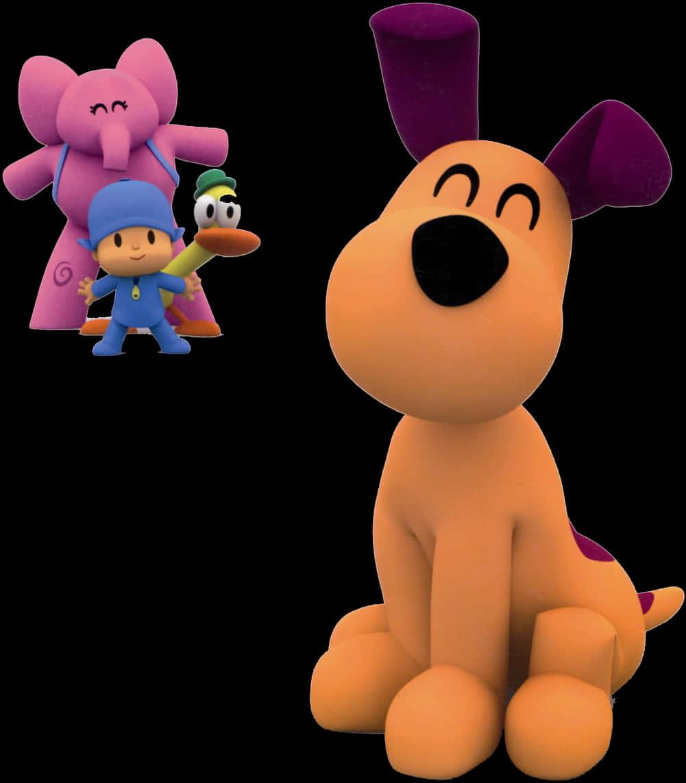 pocoyo 桌布 壁紙 — 一隻快樂的橙色狗，有紫色耳朵，坐在前面，微笑著旁邊有一隻粉紅色大象、一個藍色男孩和一隻鴨子，在一個有趣的卡通場景中。