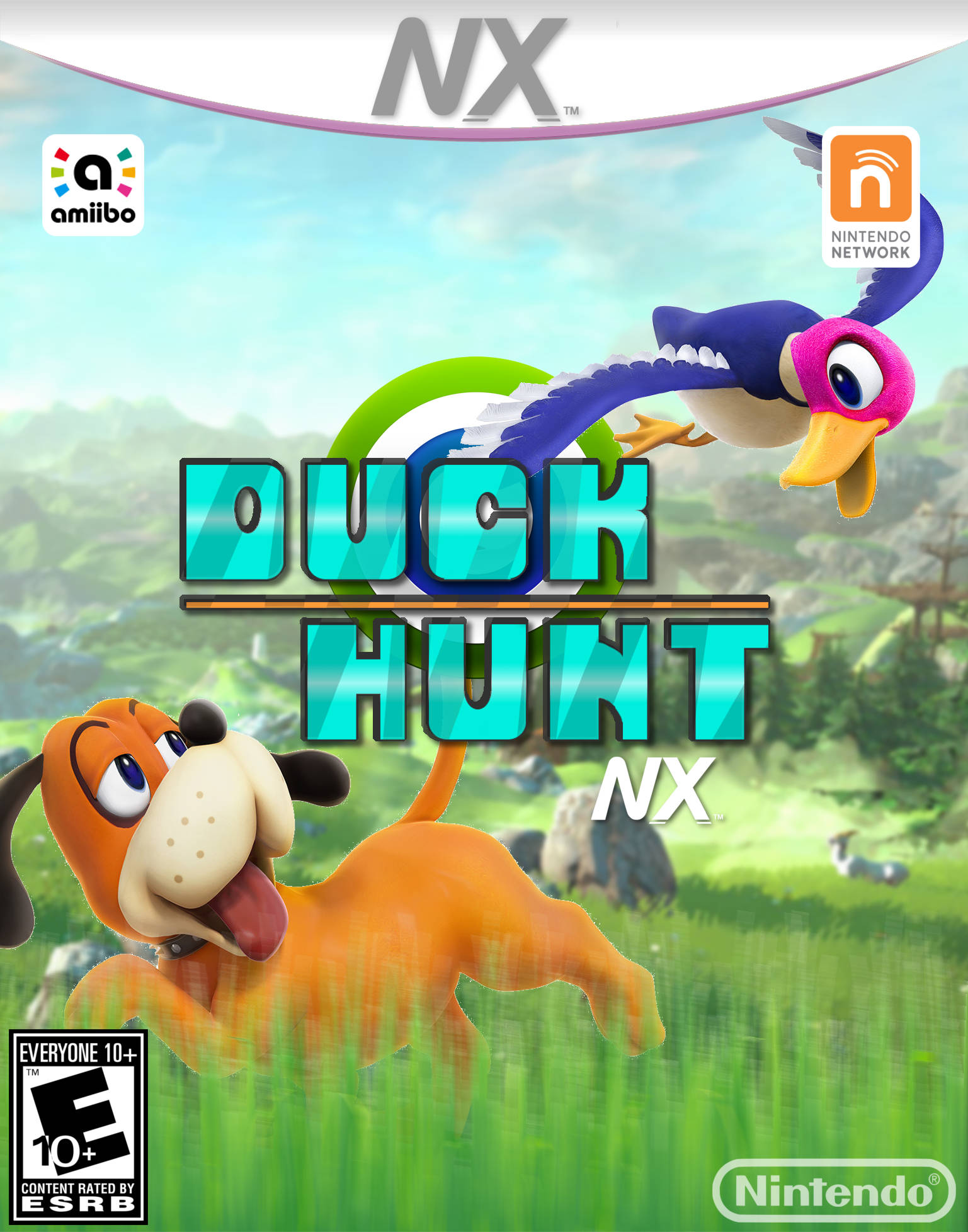 Hunt 桌布 壁紙 — 一隻快樂的橙色狗在明亮的天空下，穿過充滿活力的綠色草地追逐一隻色彩繽紛的鴨子。