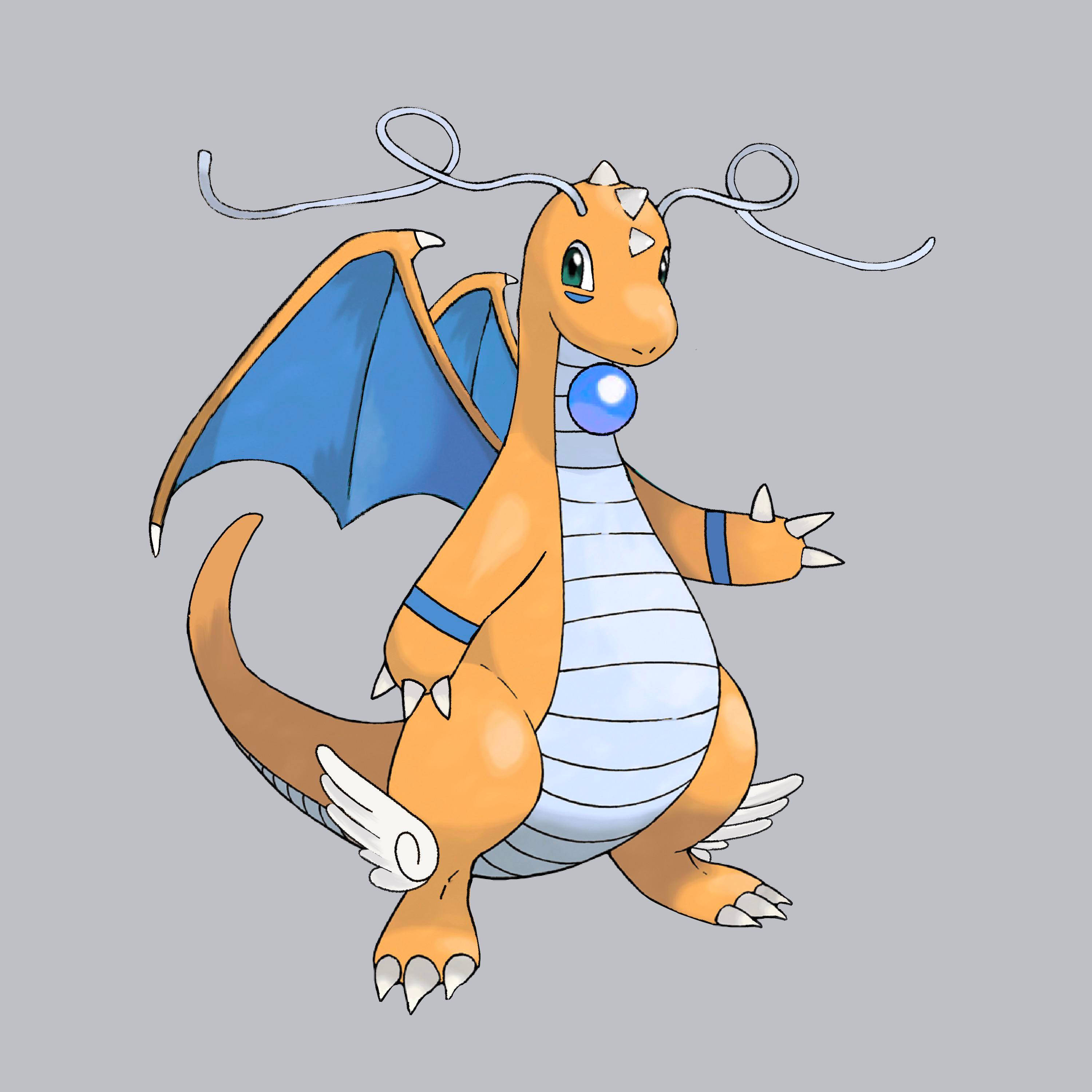 Dragonite 桌布 壁紙 — 一隻快樂的橙色龍，有藍色翅膀和珍珠項鍊，站在純灰色背景前。