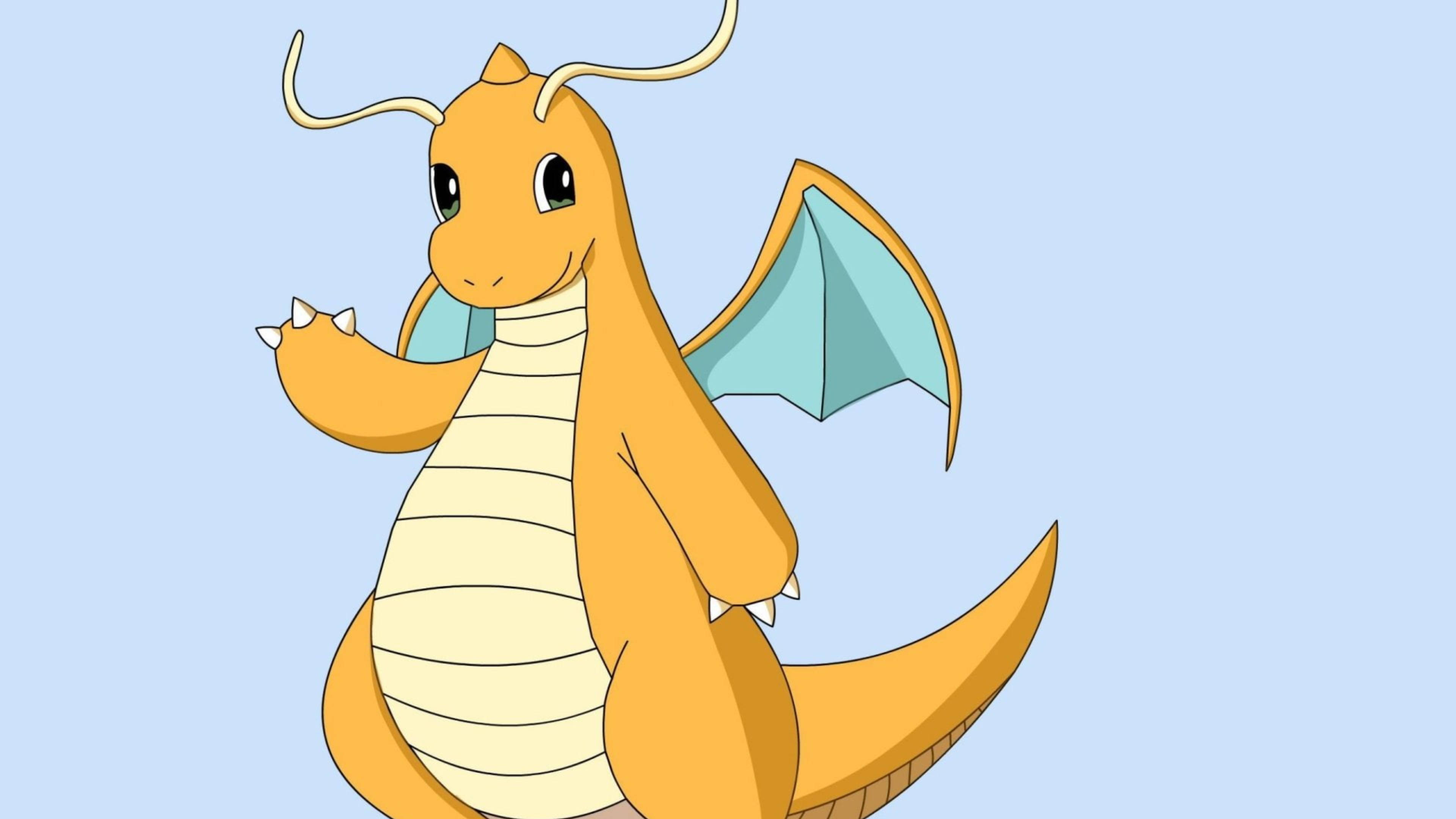 Dragonite 桌布 壁紙 — 一隻快樂的橙色龍，有藍色翅膀和白色爪子，在柔和的藍色背景上揮手。