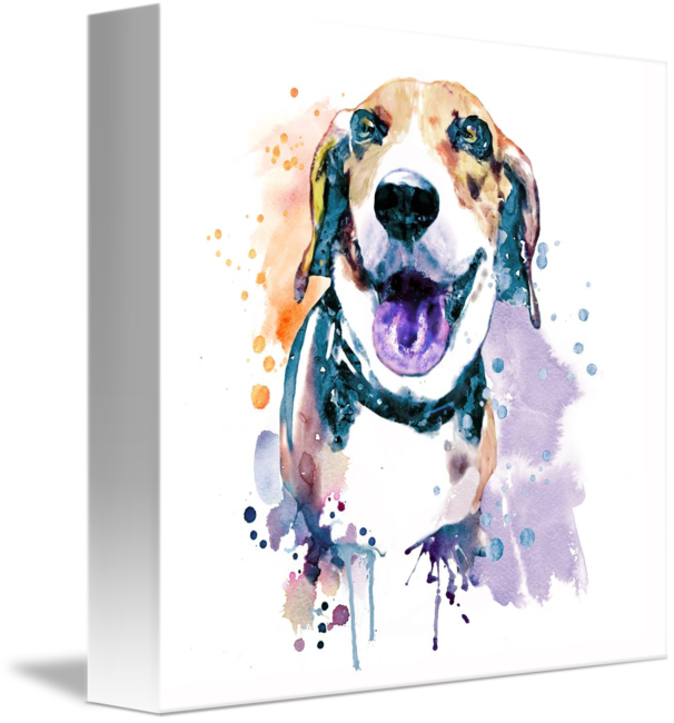 狗 桌布 壁紙 — 一隻快樂的比格犬伸出舌頭，以鮮豔的水彩潑灑在白色畫布上。