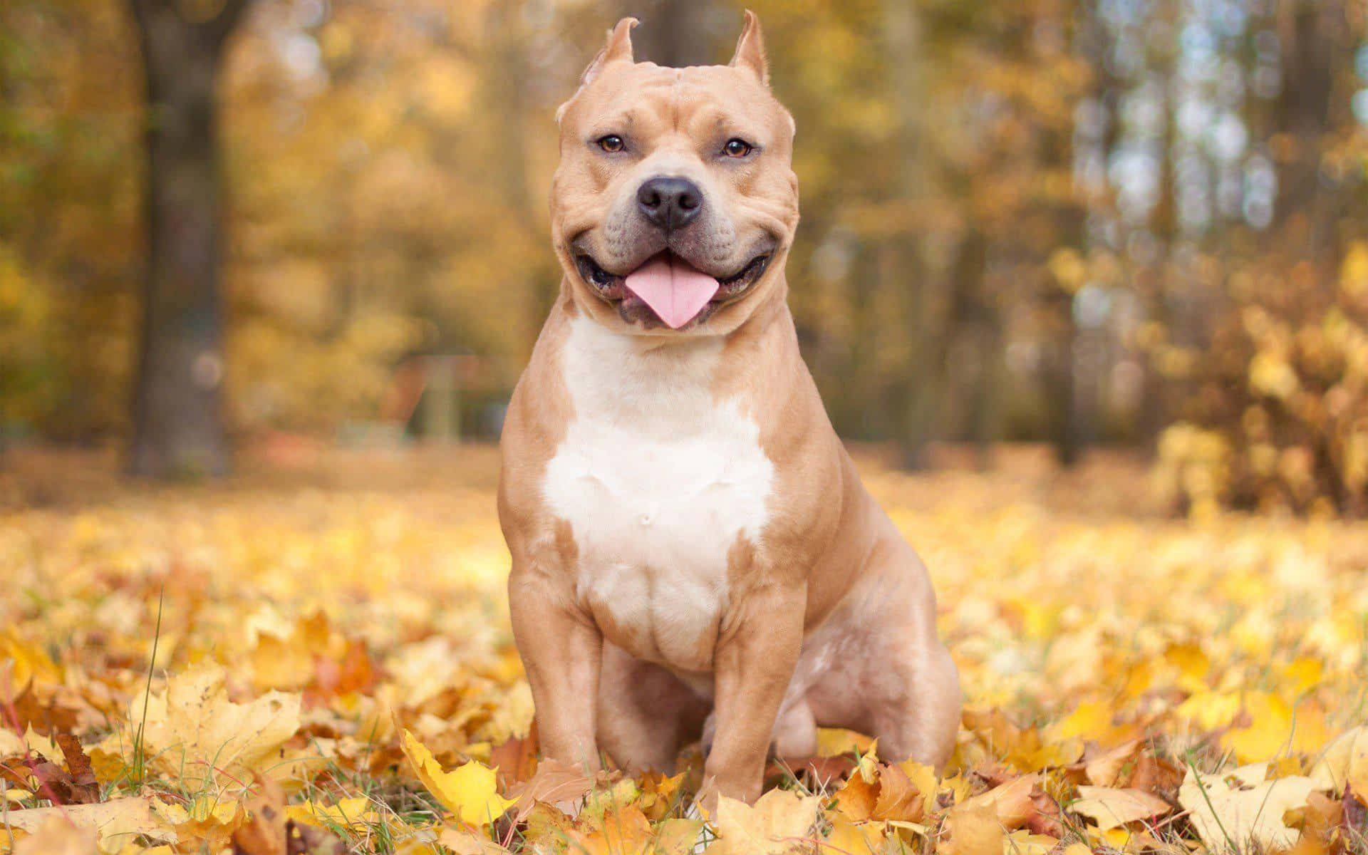 一隻微笑的比特犬坐在一堆金色秋葉中。 — 秋天動圖 壁紙