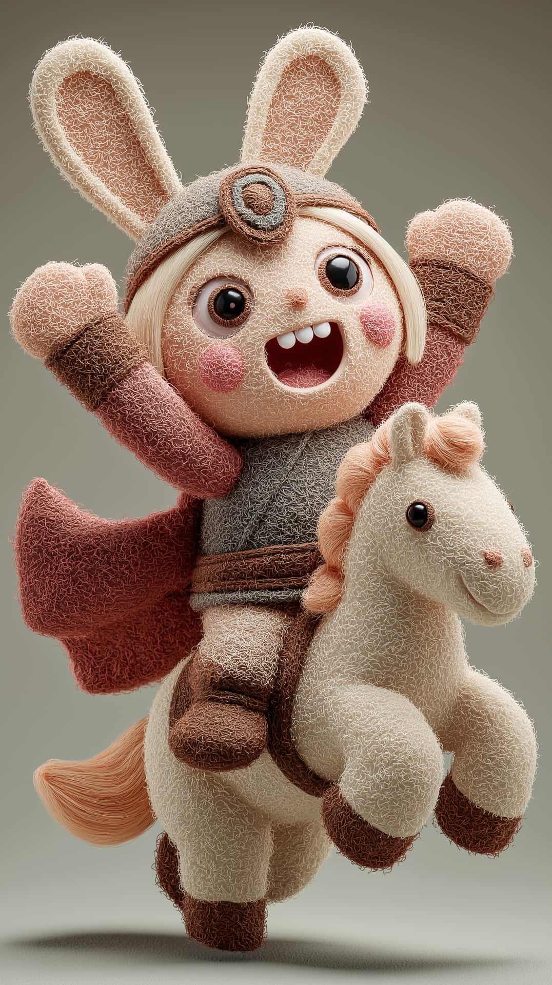 Energetic Labubu Plush Hero Riding a Friendly Plush Horse 壁紙 — 一隻快樂的毛茸茸兔騎士穿著盔甲，騎著一匹小型奶油色馬，舉起拳頭，咧嘴大笑。