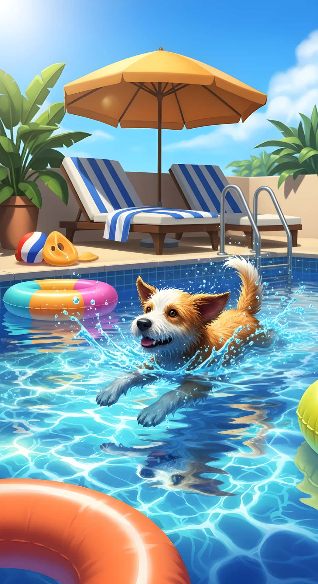 Summer Fun of the Dog 壁紙 — 一隻快樂的毛茸茸狗在清澈的藍色泳池水中嬉戲，周圍是色彩繽紛的浮具和躺椅，在陽光明媚的天空下。