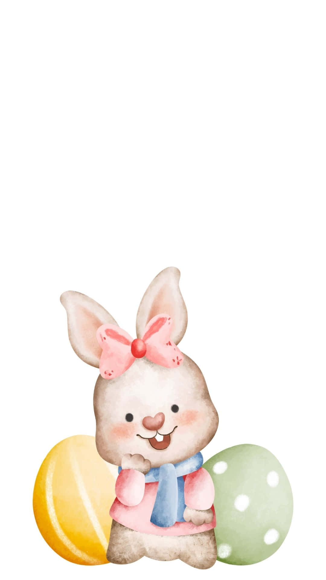 Easter Bunny 桌布 壁紙 — 一隻快樂的水彩兔子，戴著粉紅色蝴蝶結和藍色圍巾，坐在黃色和綠色圓點蛋之間。