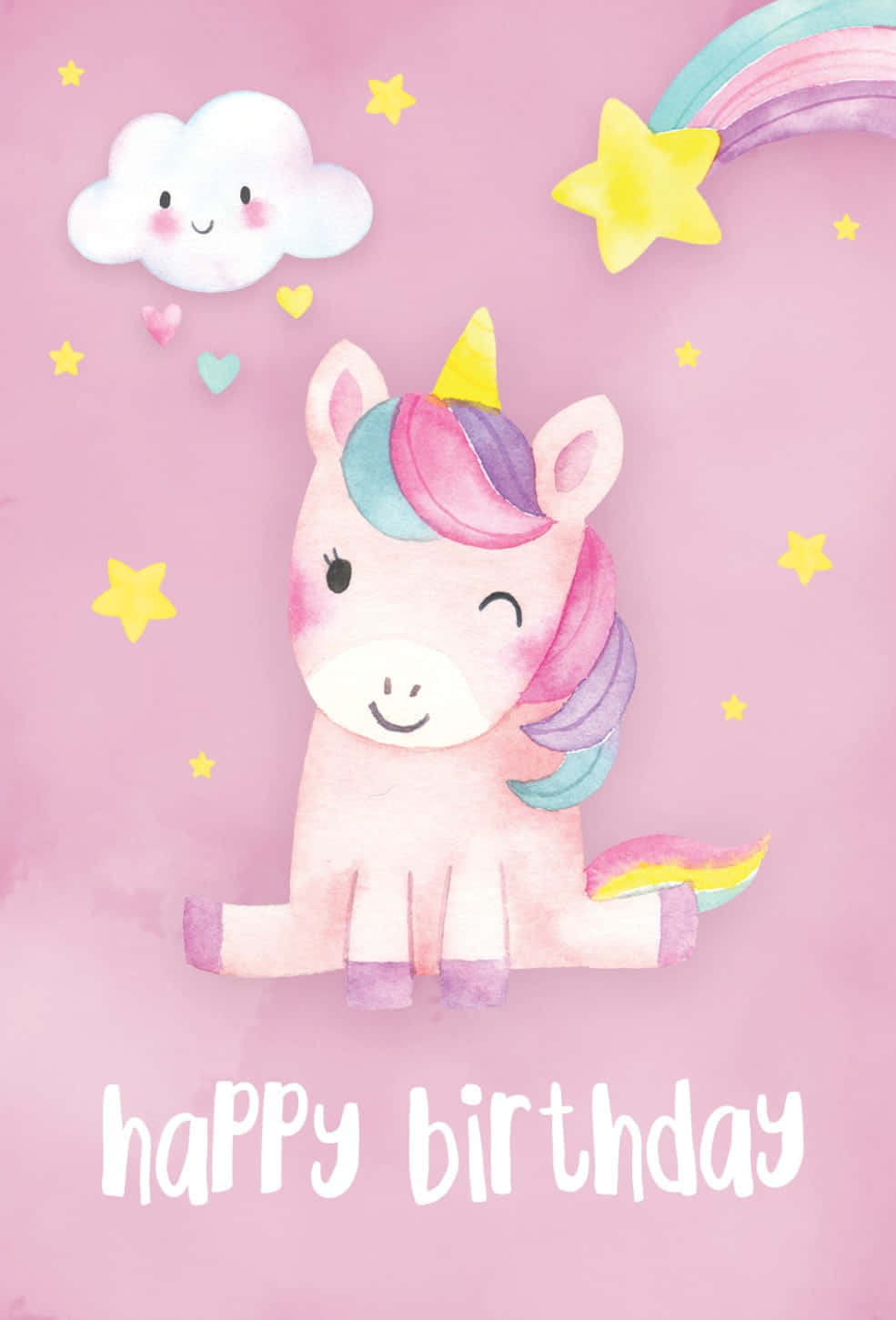 Cute Unicorn 桌布 壁紙 — 一隻快樂的水彩獨角獸，擁有彩虹色的鬃毛和尾巴，坐在有星星和微笑雲朵的粉紅色天空前。