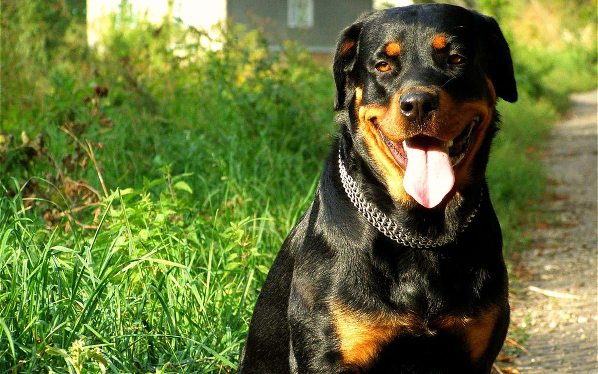 羅威那犬 桌布 壁紙 — 一隻快樂的洛威拿犬戴著鏈條項圈，坐在陽光普照的草地上，旁邊是一條泥路，牠正在喘氣。