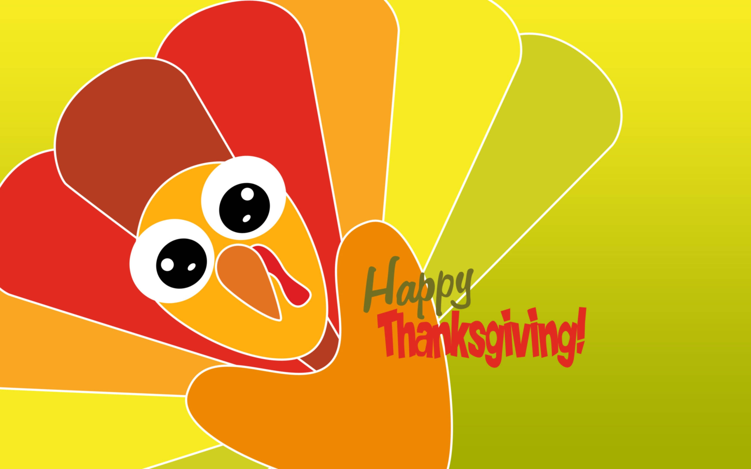 Cute Thanksgiving 桌布 壁紙 — 一隻快樂的火雞卡通，有大眼睛和色彩繽紛的羽毛，背景是黃色漸層，並有「Happy Thanksgiving!」文字。