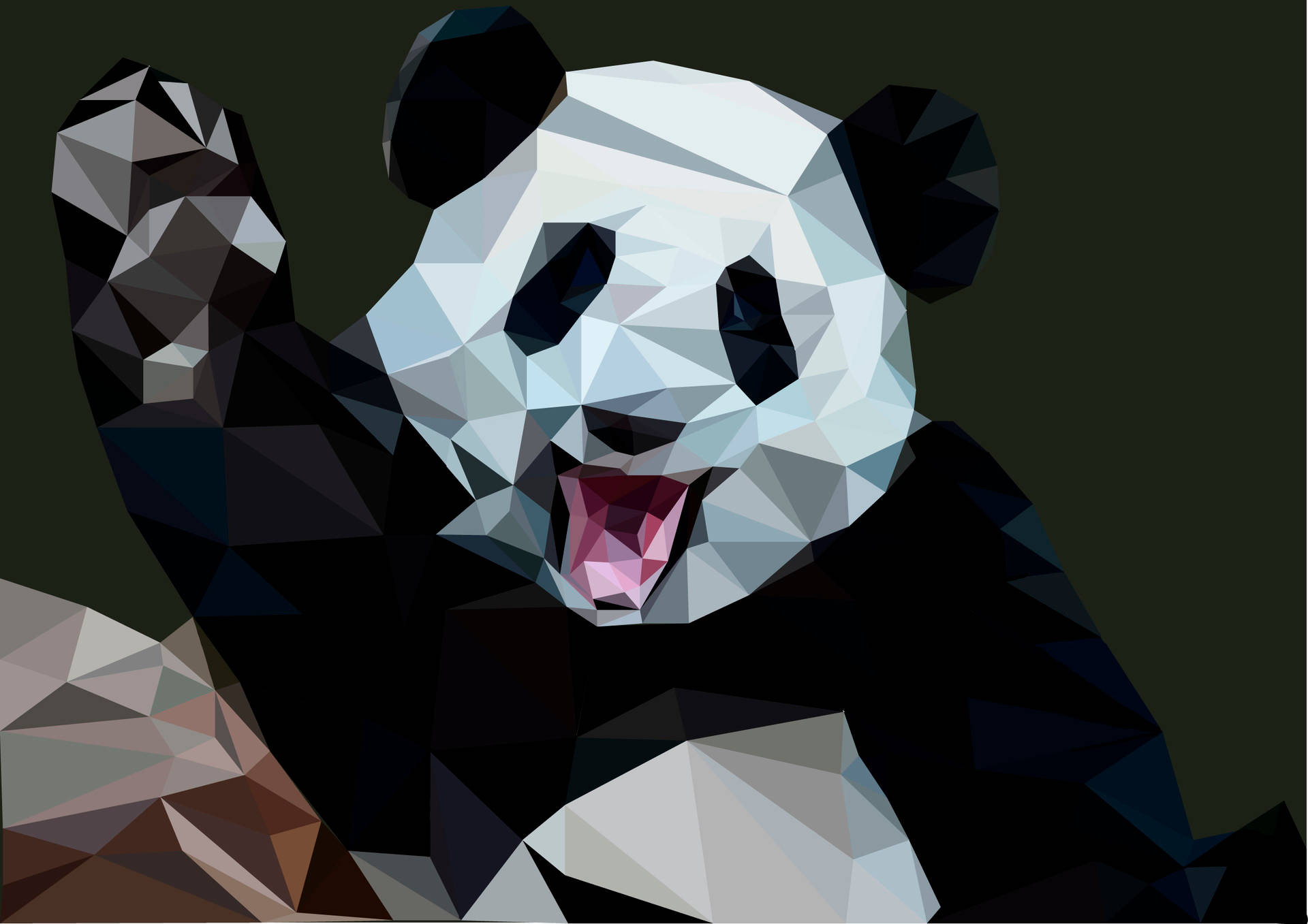 Polygon 桌布 壁紙 — 一隻快樂的熊貓以大膽的幾何面呈現，在深綠色背景下愉快地揮手。