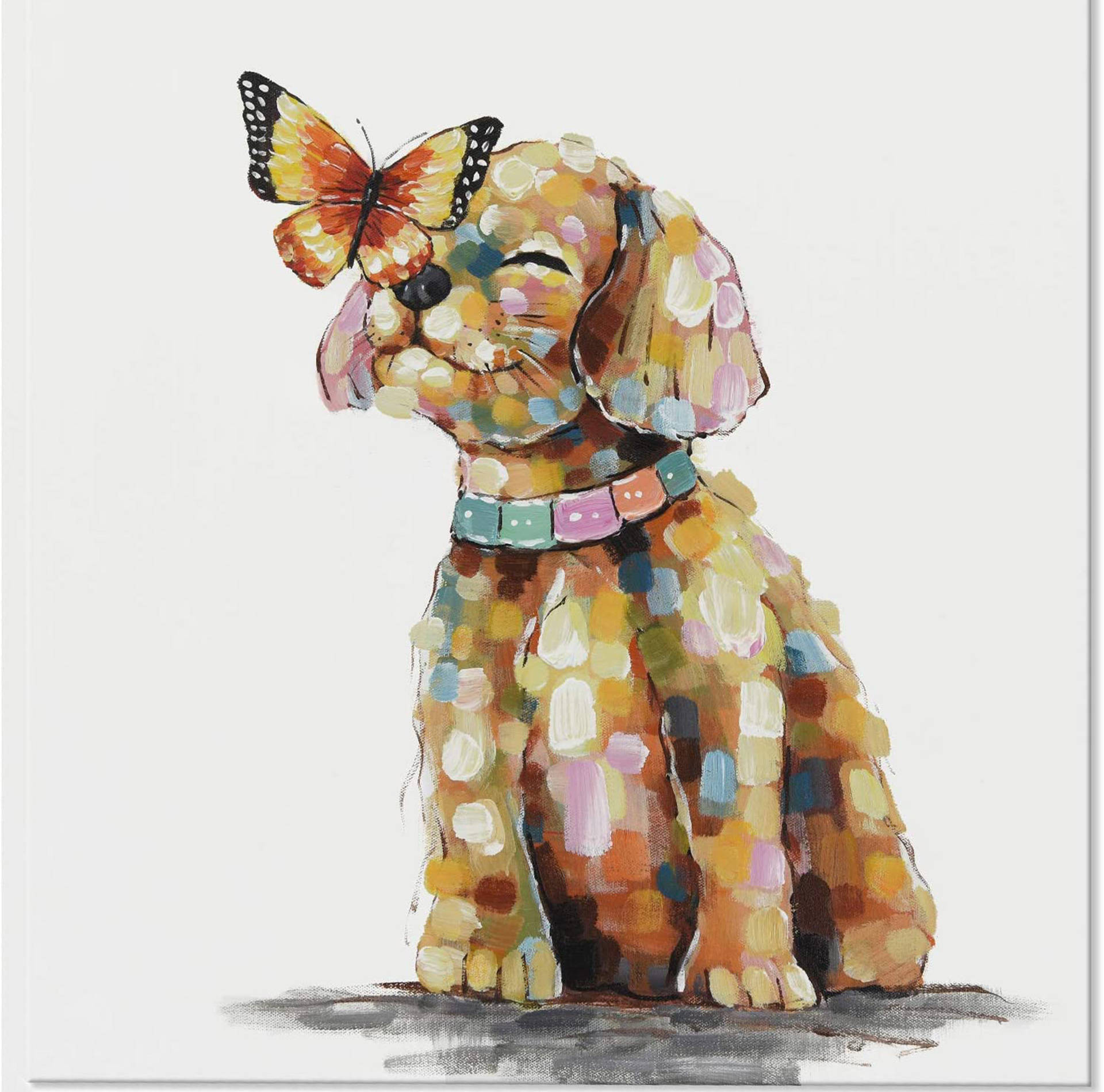 Dog Art 桌布 壁紙 — 一隻快樂的狗，身上有色彩繽紛的圓點毛皮，靜靜地坐著，一隻鮮豔的橙色蝴蝶輕輕地停在牠的鼻子上。
