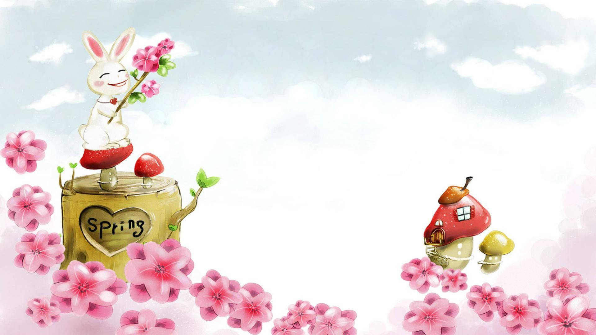 Cute Spring 桌布 壁紙 — 一隻快樂的白兔在標有春天的木柱上拿著粉紅色的花朵，周圍是粉紅色的花朵和一個奇特的蘑菇屋，在柔和的天空下。