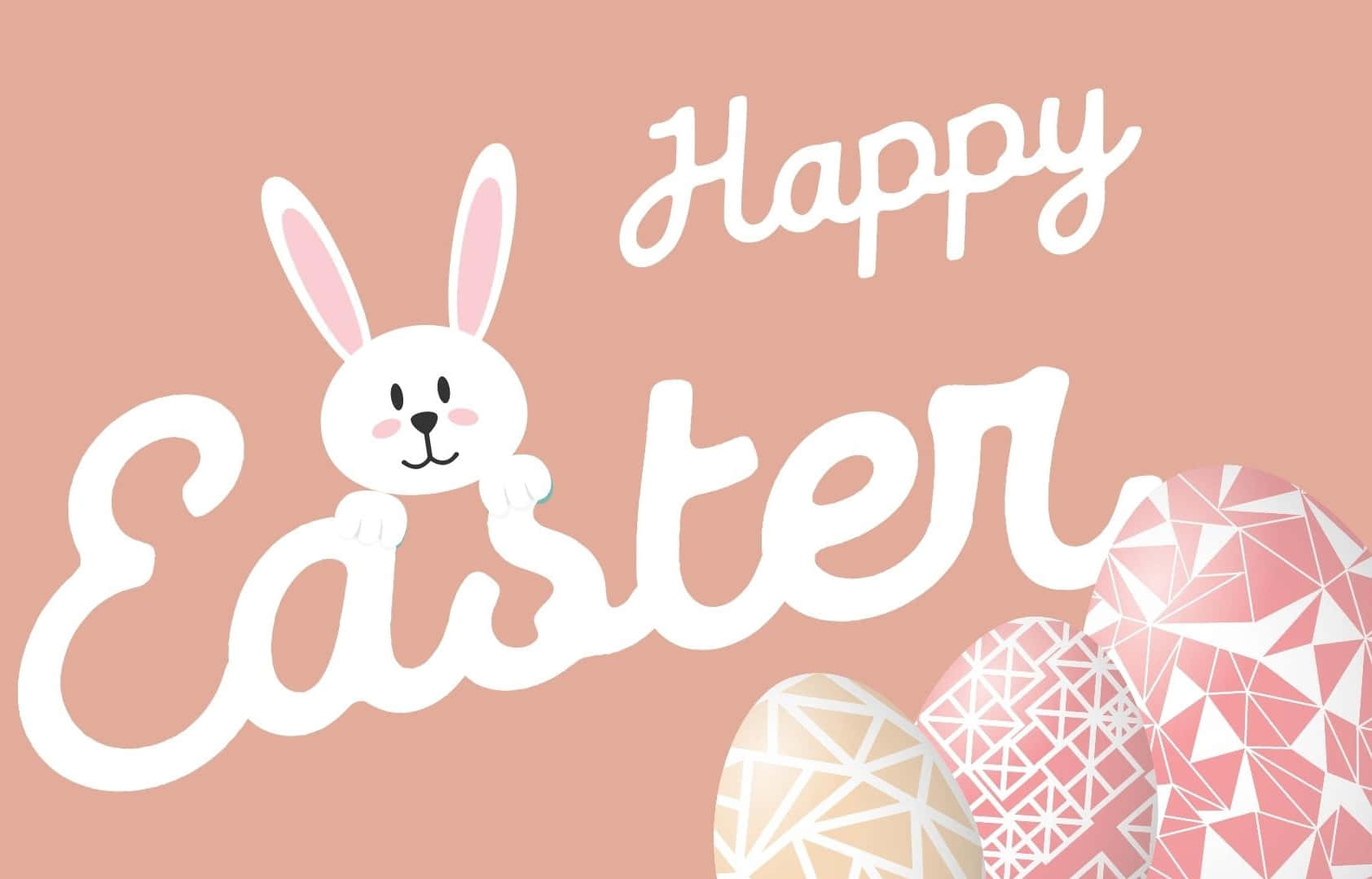 Happy Easter 桌布 壁紙 — 一隻快樂的白兔從風格化的「Happy Easter」文字後面探出頭來，旁邊是幾何圖案雞蛋，背景是柔和的粉紅色。