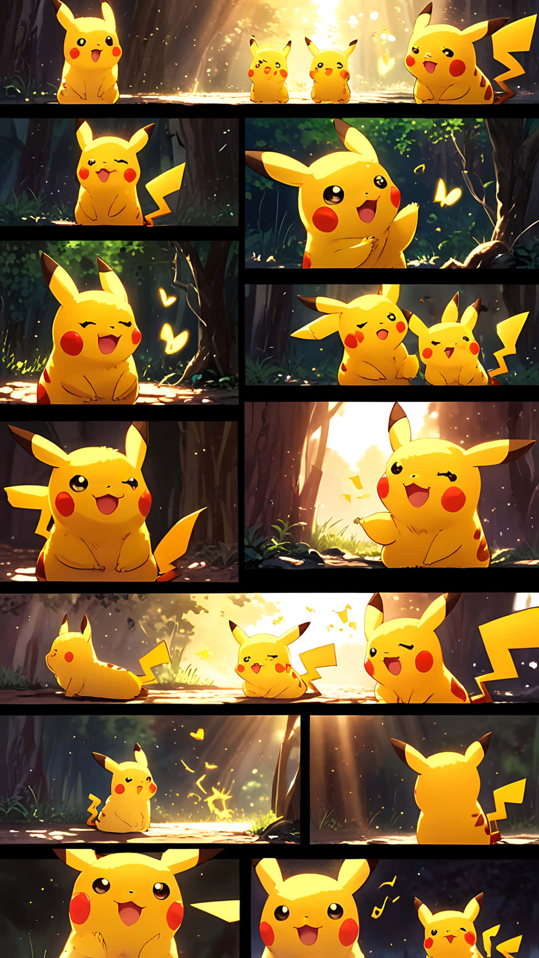 Pikachu's Magical Mood Board - Cute and Electrifying. smartphone wallpaper 壁紙 — 一隻快樂的皮卡丘在陽光明媚的森林中，金色光線穿過樹木，蝴蝶飛舞，牠因幸福而發光。