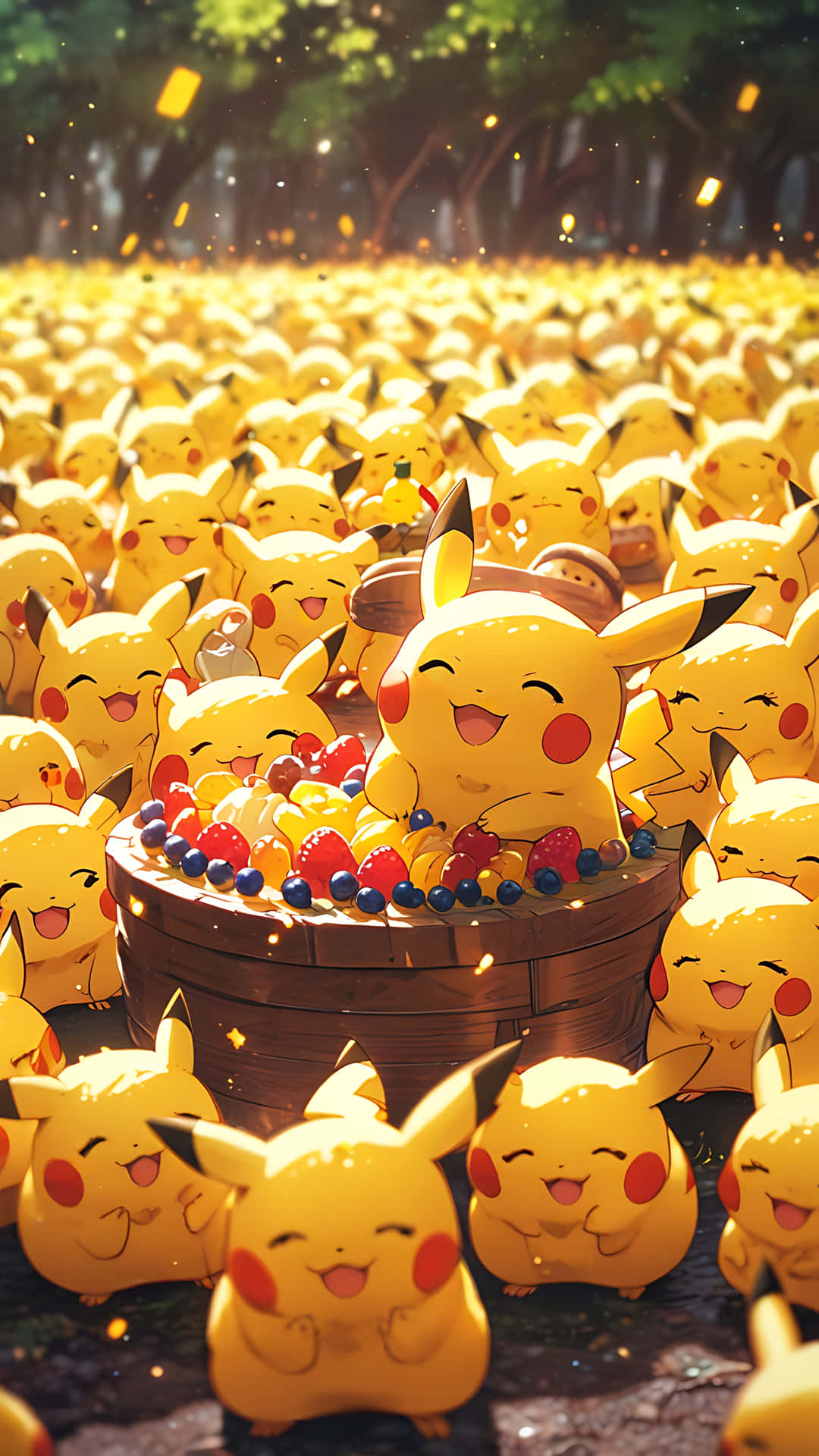 Pikachu's Sweet Smile Parade - A Pokémon's Cute Side. smartphone wallpaper 壁紙 — 一隻快樂的皮卡丘坐在一個裝滿莓果的木桶上，被無數微笑的皮卡丘包圍在陽光明媚的公園裡。