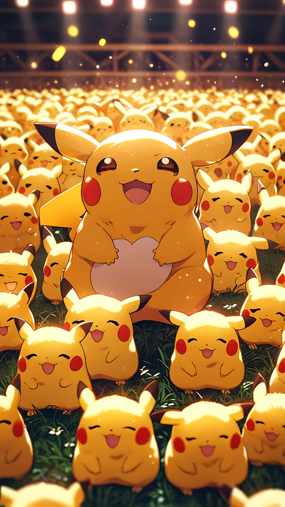 Pikachu's Sweet Smile Parade - A Pokémon's Cute Side. smartphone wallpaper 壁紙 — 一隻快樂的皮卡丘坐在中央，被一群相同的皮卡丘包圍，在溫暖的體育場燈光下。