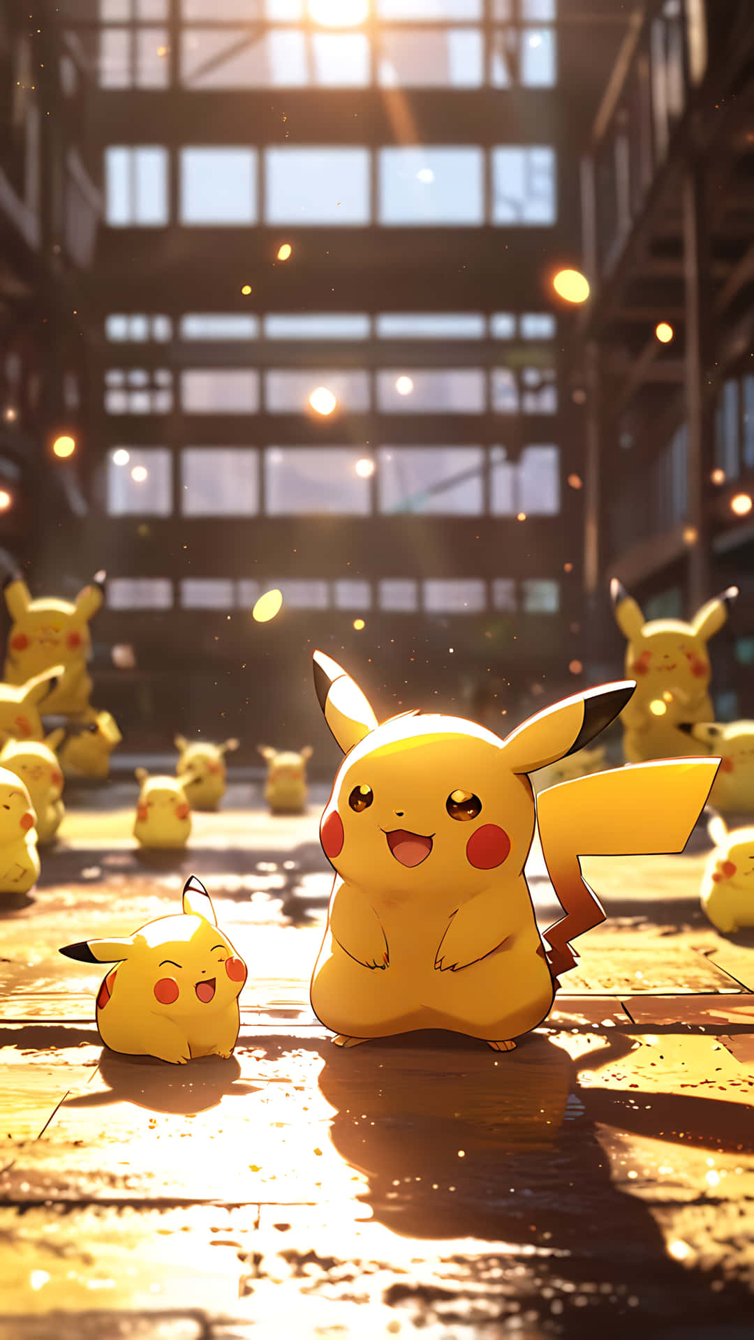 Pikachu's Sweet Smile Parade - A Pokémon's Cute Side. smartphone wallpaper 壁紙 — 一隻快樂的皮卡丘站在陽光普照的工業大廳中央，被許多其他皮卡丘包圍，伴隨著金色光芒和漂浮的粒子。