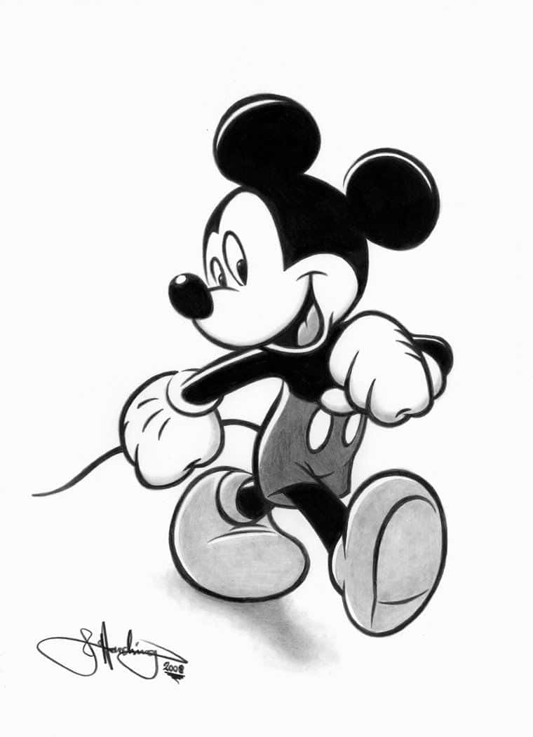 White Mickey Mouse 桌布 壁紙 — 一隻快樂的米奇老鼠，以經典黑白素描風格呈現，正在大步向前，露出燦爛的笑容和富有表現力的眼睛。