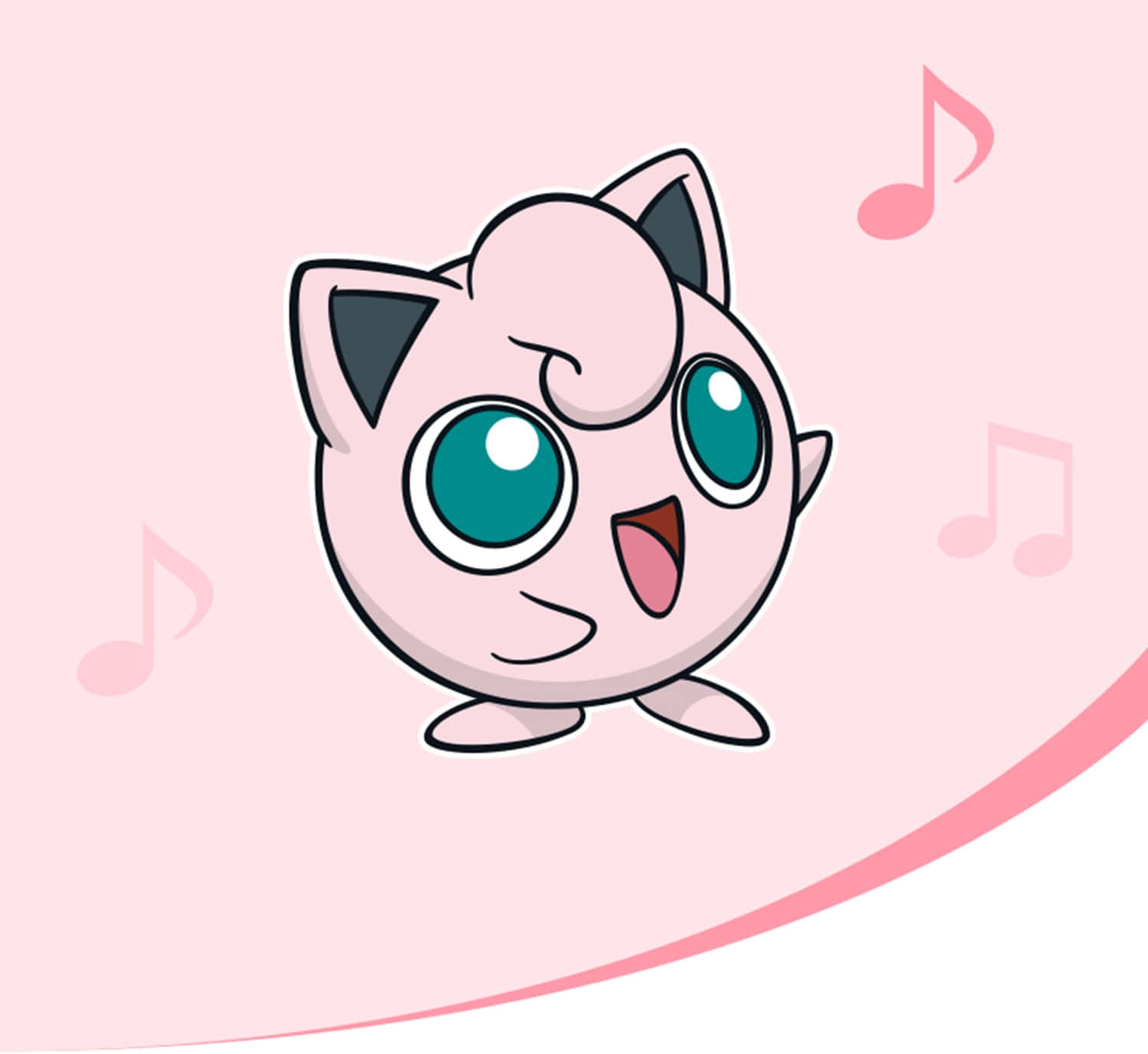 Jigglypuff 桌布 壁紙 — 一隻快樂的粉紅色Jigglypuff，有藍綠色眼睛和漂浮在周圍的音樂符號，背景是柔和的粉紅色。