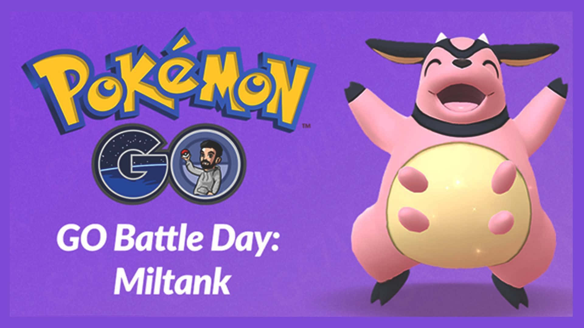 桌布 壁紙 — 一隻快樂的粉紅色Miltank，有黑色角和蹄，在充滿活力的紫色背景上歡快地跳躍，背景上有Pokemon GO標誌和文字。