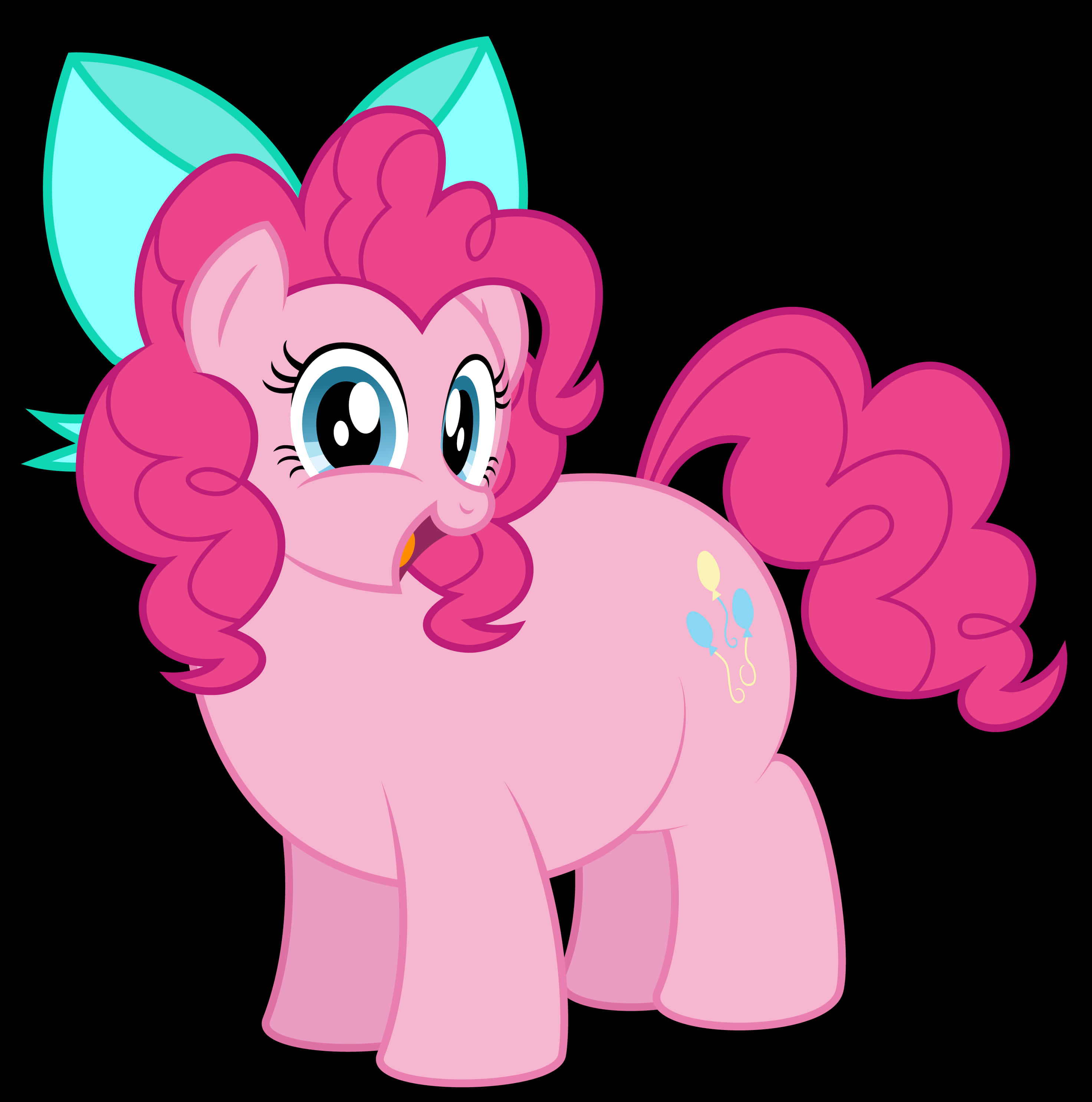 pinkie pie 桌布 壁紙 — 一隻快樂的粉紅色卡通小馬，擁有藍綠色耳朵和氣球可愛標記，在黑色背景上微笑。
