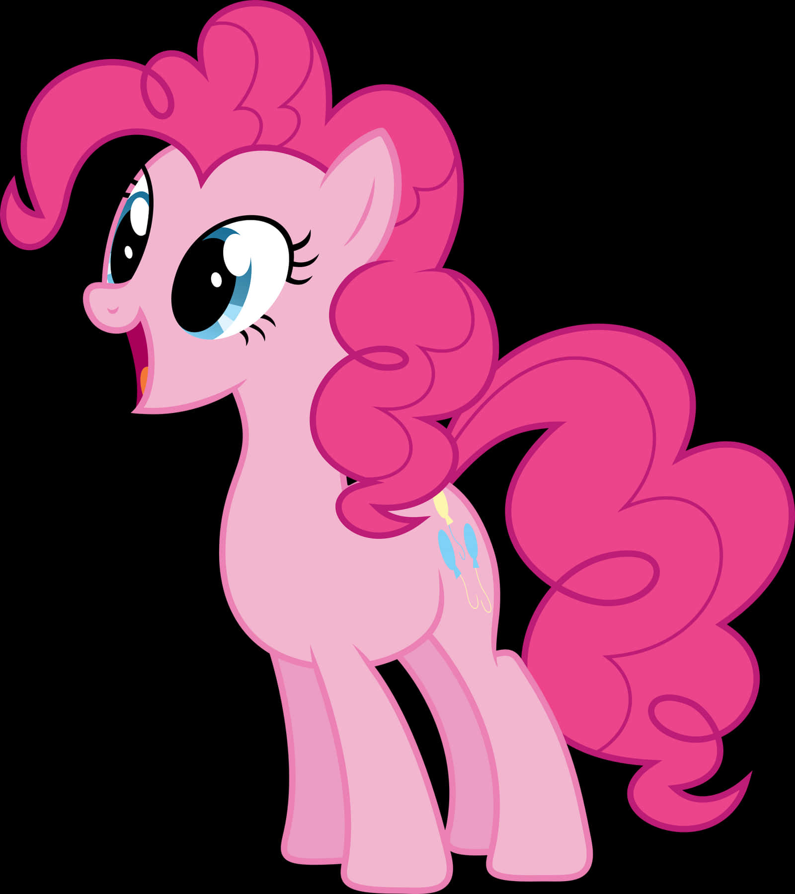 pinkie pie 桌布 壁紙 — 一隻快樂的粉紅色卡通小馬，有著捲曲的鬃毛和尾巴，站在黑色背景前。