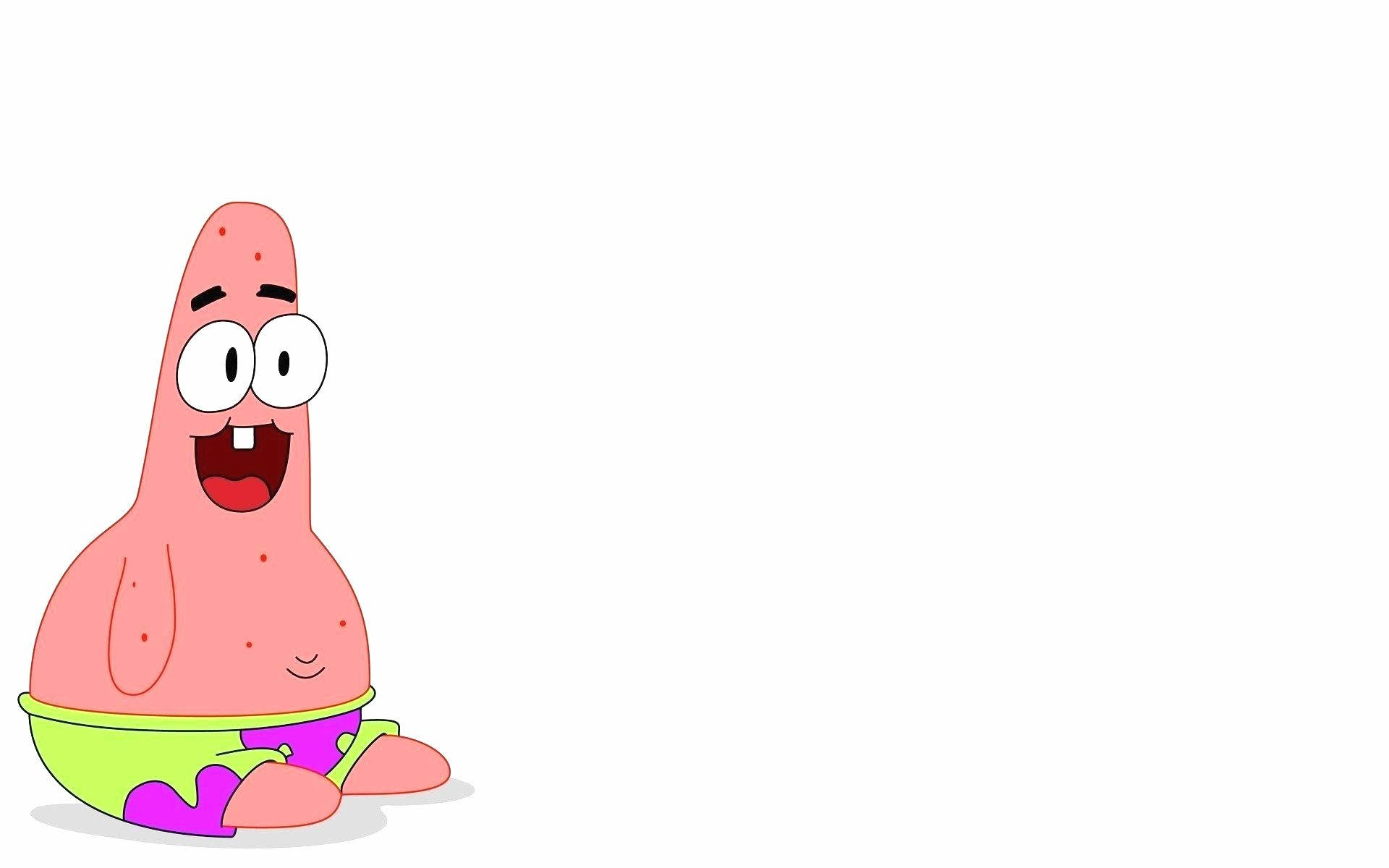 Patrick 桌布 壁紙 — 一隻快樂的粉紅色卡通海星，有大眼睛和燦爛的笑容，穿著色彩繽紛的短褲，坐在純白色背景前。
