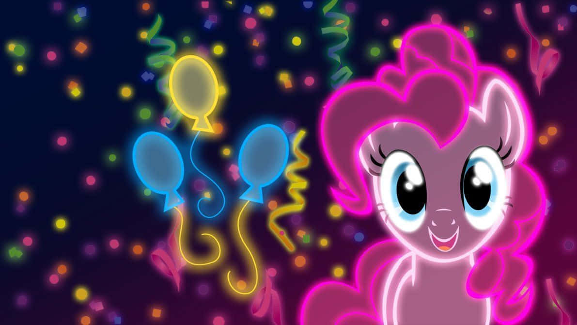 pinkie pie 桌布 壁紙 — 一隻快樂的粉紅色小馬，帶有發光的霓虹輪廓，在深色背景中漂浮的氣球和五彩紙屑中微笑。