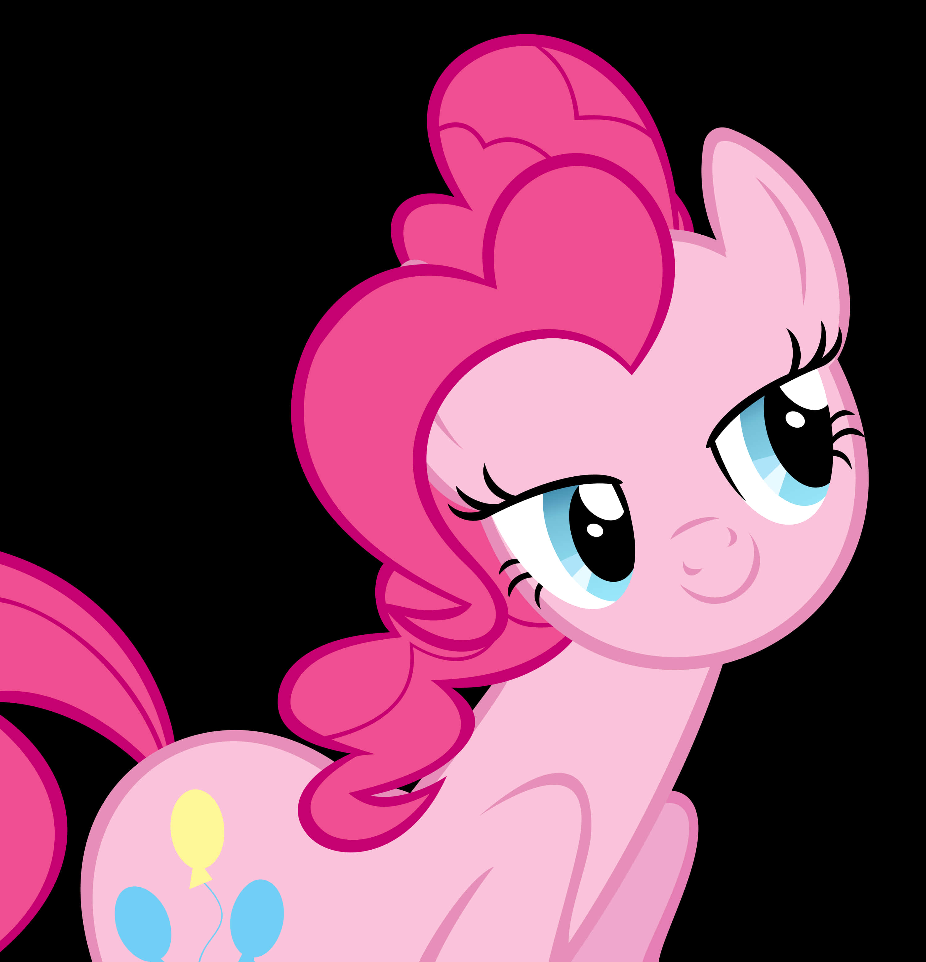 pinkie pie 桌布 壁紙 — 一隻快樂的粉紅色小馬，擁有心形鬃毛和氣球可愛標記，在黑色背景上微笑。