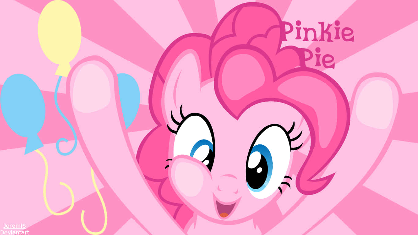 pinkie pie 桌布 壁紙 — 一隻快樂的粉紅色小馬，有心形頭髮和藍色眼睛，在帶有漂浮氣球的耀眼粉紅色背景前燦爛微笑。