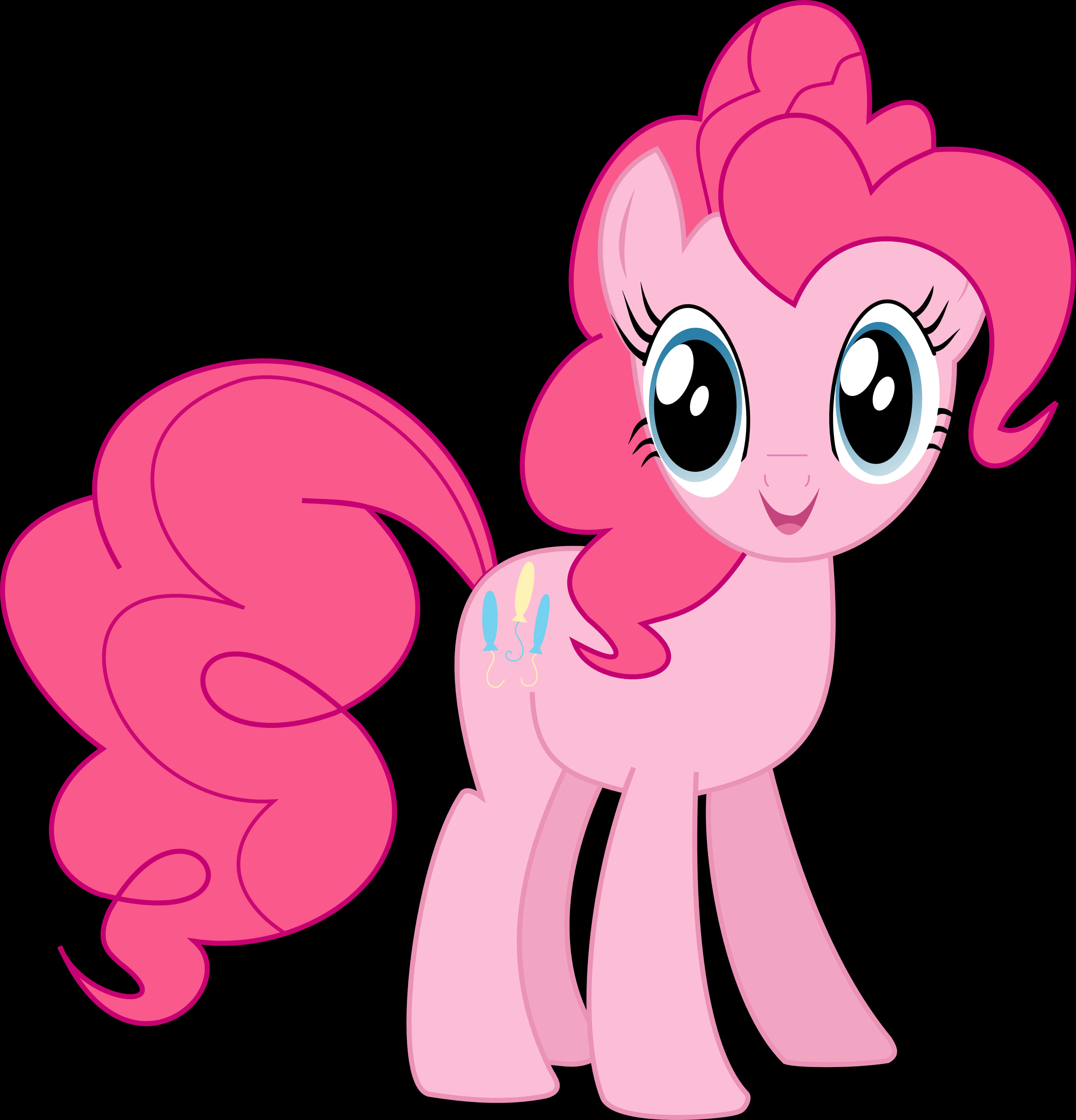 pinkie pie 桌布 壁紙 — 一隻快樂的粉紅色小馬，有著捲曲的鬃毛和尾巴，站在黑色背景前，用大大的、富有表情的眼睛微笑。