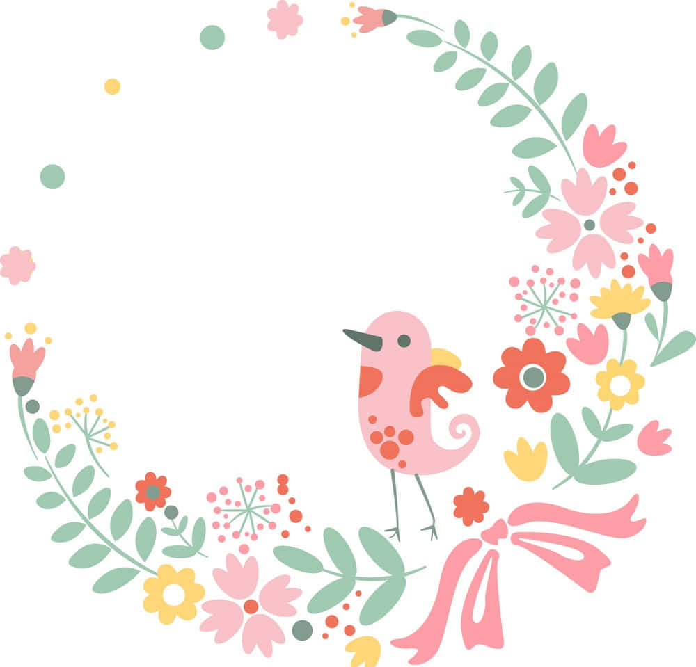 Cute Floral 桌布 壁紙 — 一隻快樂的粉紅色小鳥棲息在色彩繽紛的花環中，花環上有一個粉紅色絲帶蝴蝶結。