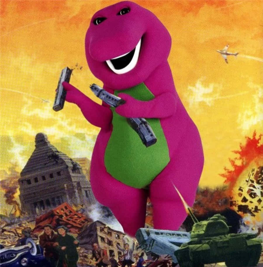 barney 桌布 壁紙 — 一隻快樂的粉紅色恐龍在充滿坦克和爆炸的熾熱戰區中手持槍械。