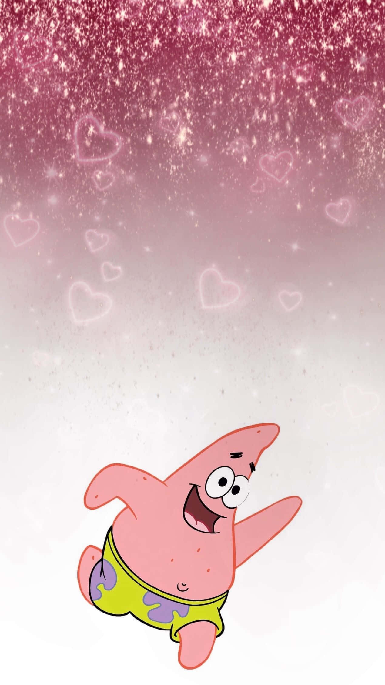 Funny Patrick 桌布 壁紙 — 一隻快樂的粉紅色海星穿著綠色短褲，在充滿閃爍心形的閃亮粉紅色天空中向上漂浮。