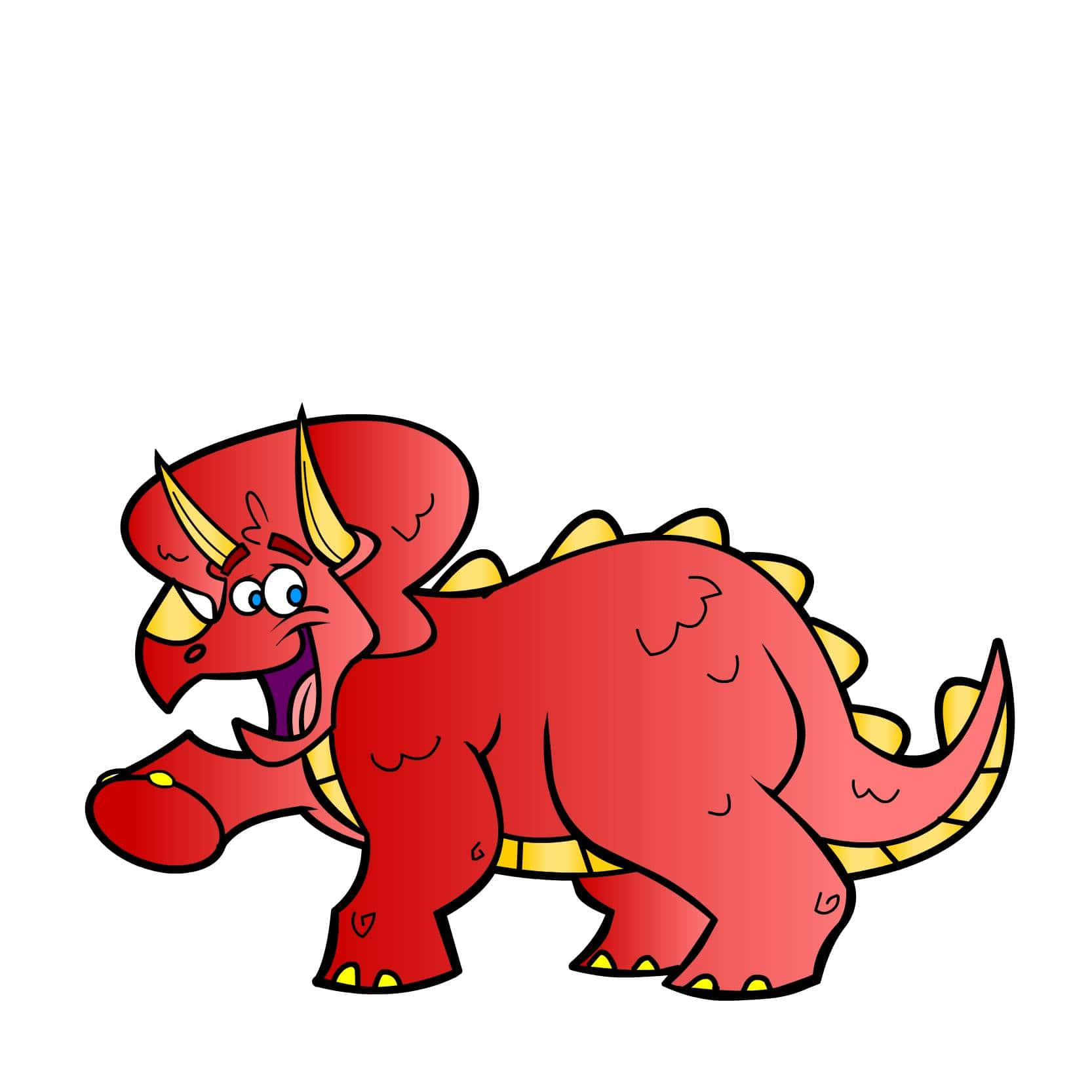Cartoon Dinosaur 桌布 壁紙 — 一隻快樂的紅色卡通三角龍，有黃色的角和刺，在純白色背景上咧嘴大笑。