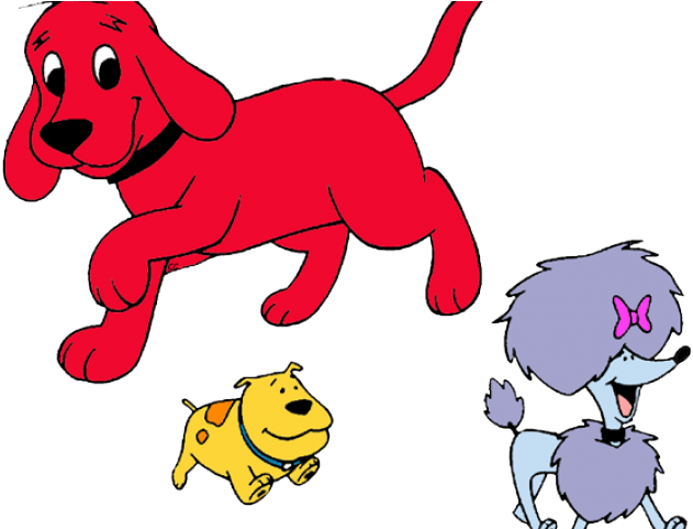 Dogs 桌布 壁紙 — 一隻快樂的紅色卡通狗在黃色小狗和戴著粉紅色蝴蝶結的紫色貴賓犬旁邊歡快地跳躍。