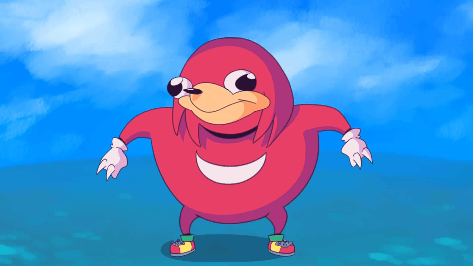Knuckles 桌布 壁紙 — 一隻快樂的紅色卡通鳥，露出燦爛的笑容，戴著白色手套，站在藍色表面上，背景是明亮的藍天和蓬鬆的雲朵。