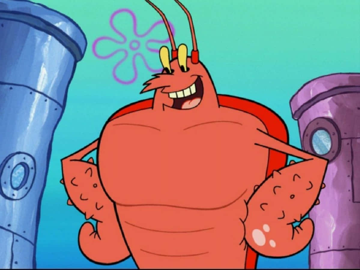 Larry The Lobster 桌布 壁紙 — 一隻快樂的紅色卡通龍蝦在水下環境中展示肌肉，露出燦爛的笑容。