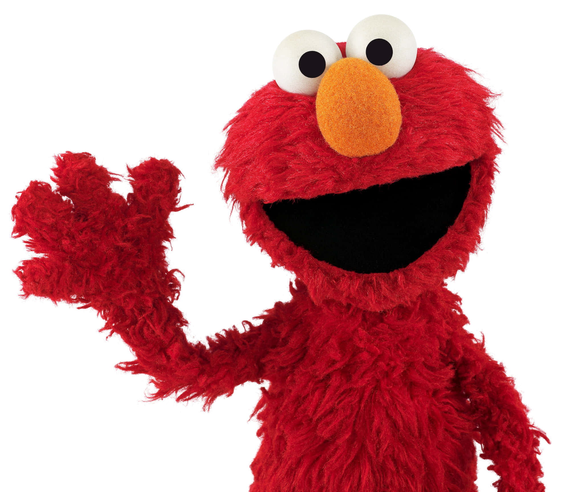 Elmo 桌布 壁紙 — 一隻快樂的紅色毛絨公仔，有大大的白色眼睛和橙色鼻子，在純白色背景上開心地揮手。