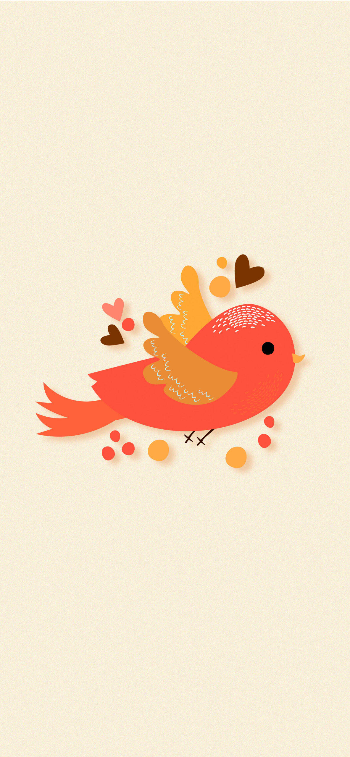 Cute October 桌布 壁紙 — 一隻快樂的紅鳥，擁有金色翅膀和心形圖案，在柔和米色背景上的彩色點點中飛翔。