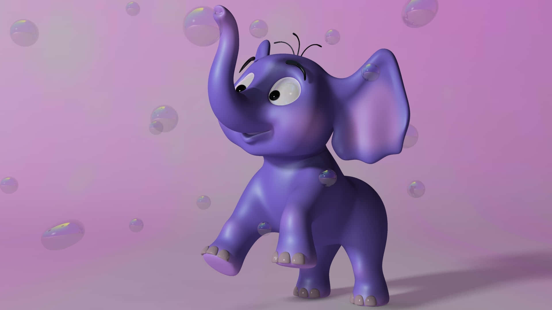 Elephant Laptop 桌布 壁紙 — 一隻快樂的紫色卡通大象在柔和的粉紅色背景上與漂浮的肥皂泡嬉戲互動。
